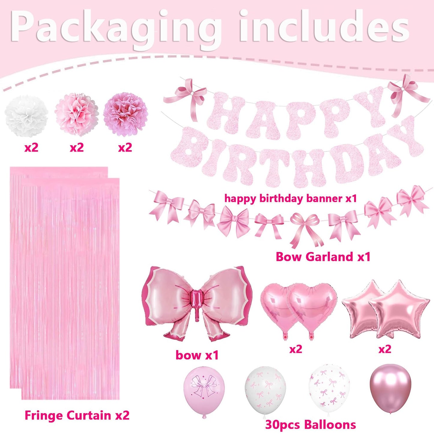 Pink Bow Birthday Party Decorations, Bow Theme Happy Birthday Banner Fringe Curtain Tissue Pom poms Garland Balloons for Women Girls Bday Party Supplies (Macaron Pink)