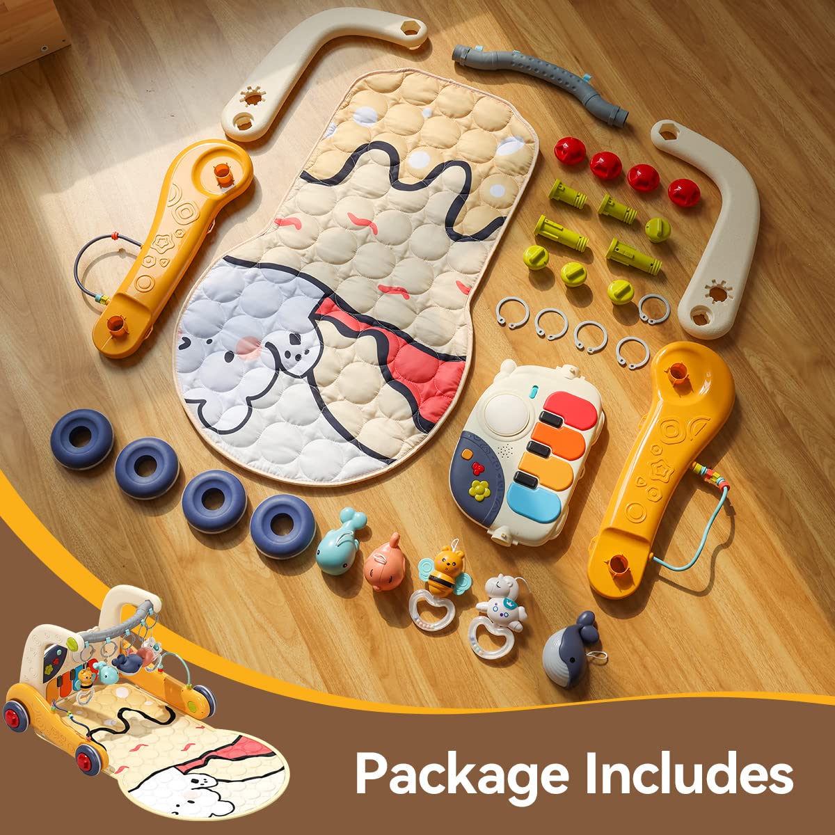 4 in 1 Baby Play Mat Activity Gym,Baby Kick and Play Piano Tummy Time Mat,Musical Learning Push Walker with Light up Interactive Toys Gift for Babies 0-6-12 Months Infant Boys Girls Newborn