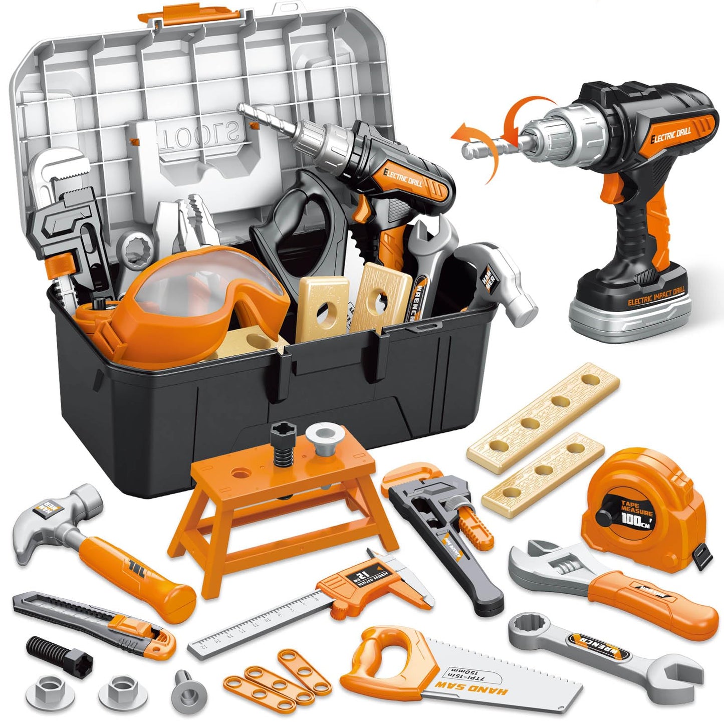 OCHIDO 46PCS Kids Tool Set with Portable Tool Box & Electronic Toy Drill, Toddler Tool Set,Tool Play Toys Construction Tools for Kids, Christmas & Birthday Gifts for Boys Ages 3 4 5 6
