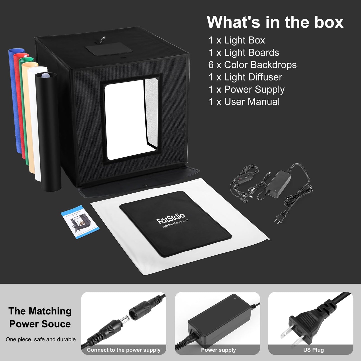 FotStdio 16x16 Inch Photo Studio Light Box Photography with 144 LEDs (CRI>95) & 6 Backdrops, Portable/Dimmable Folding Shooting Tents for Toys/Jewelry/Watches/Cosmetics/Food