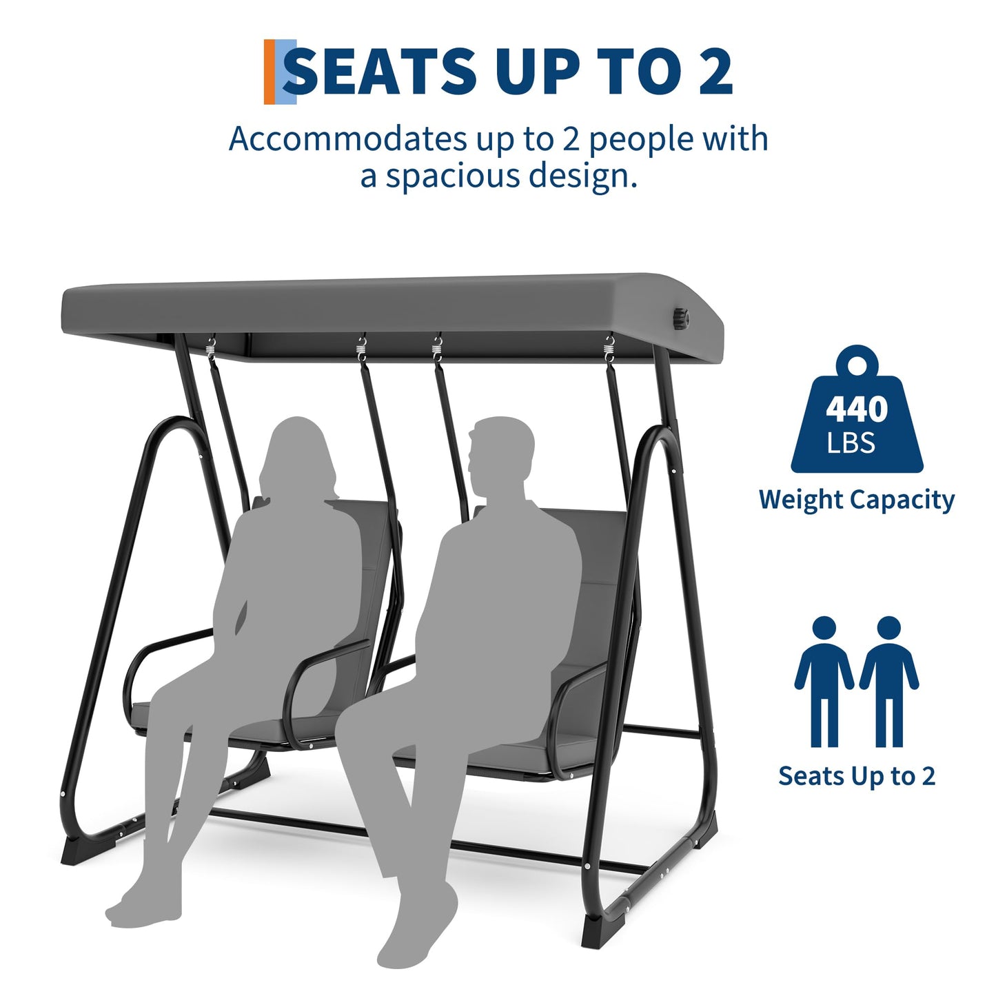GarveeLife 2 Person Porch Swing Chair, Heavy Duty Outdoor Patio Swing Glider with Adjustable Canopy & Removable Cushions, Independent Swing Chairs for Garden, Balcony, Poolside, Backyard, Dark Grey