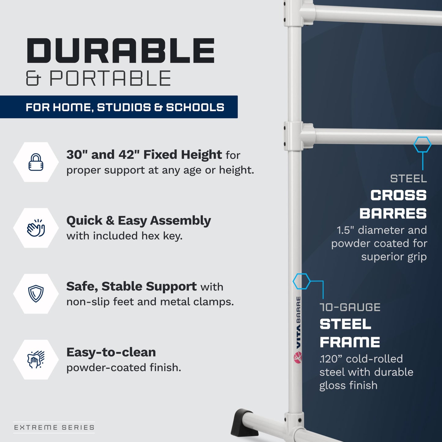 VITA Barre Portable Freestanding Double Ballet Barre, Extreme, 6 Ft Bars, Satin Silver, Steel | Fixed Height, Made in USA, Home or Gym Exercise Equipment for Kids & Adults | Dance, Fitness, Pilates