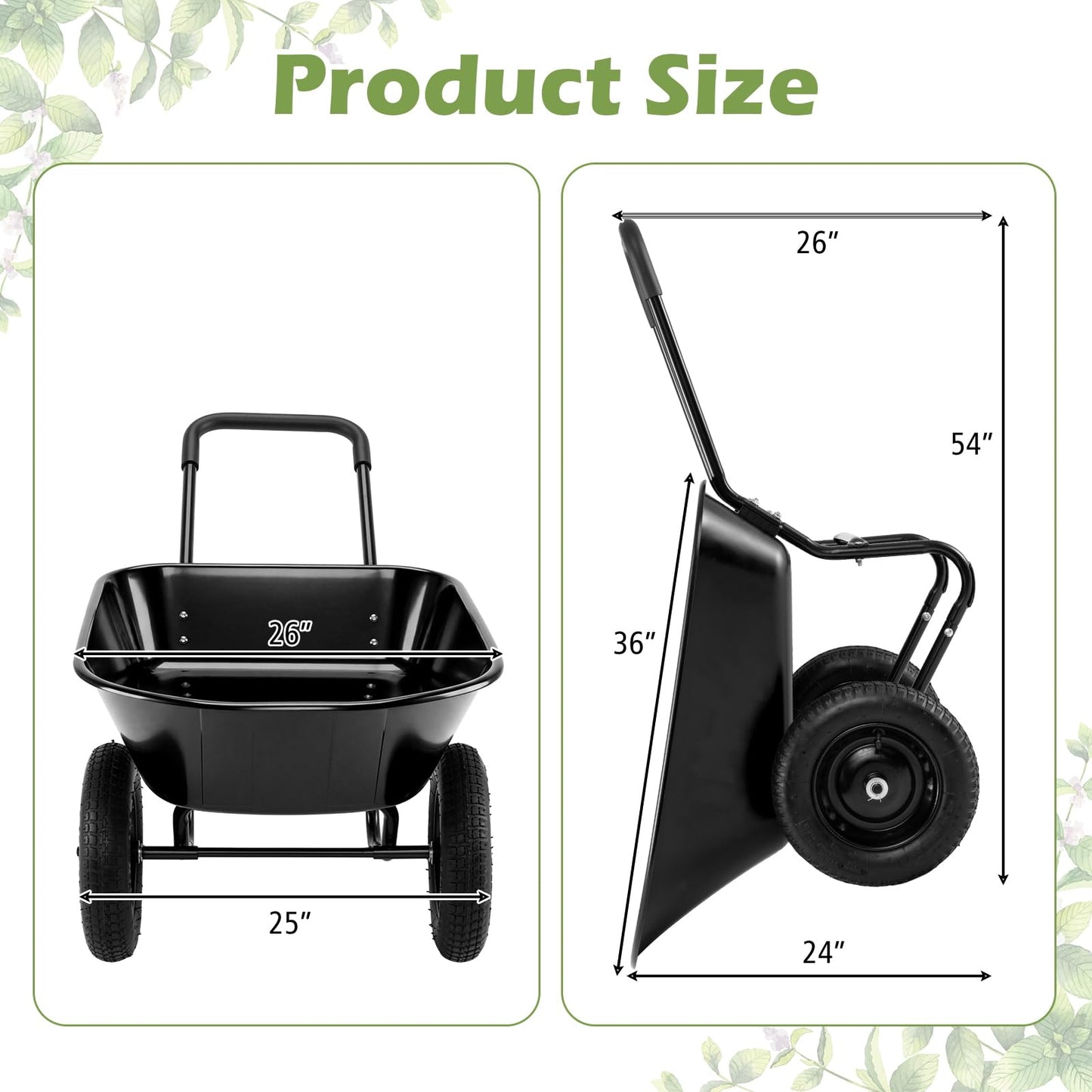 ERGOMASTER Dual-Wheel Wheelbarrow, Home Utility Garden Cart, 330 LBS Capacity, Large Heavy Duty Yard Cart for Gardening & Planting, Lawn, Farm, Construction Site, Black