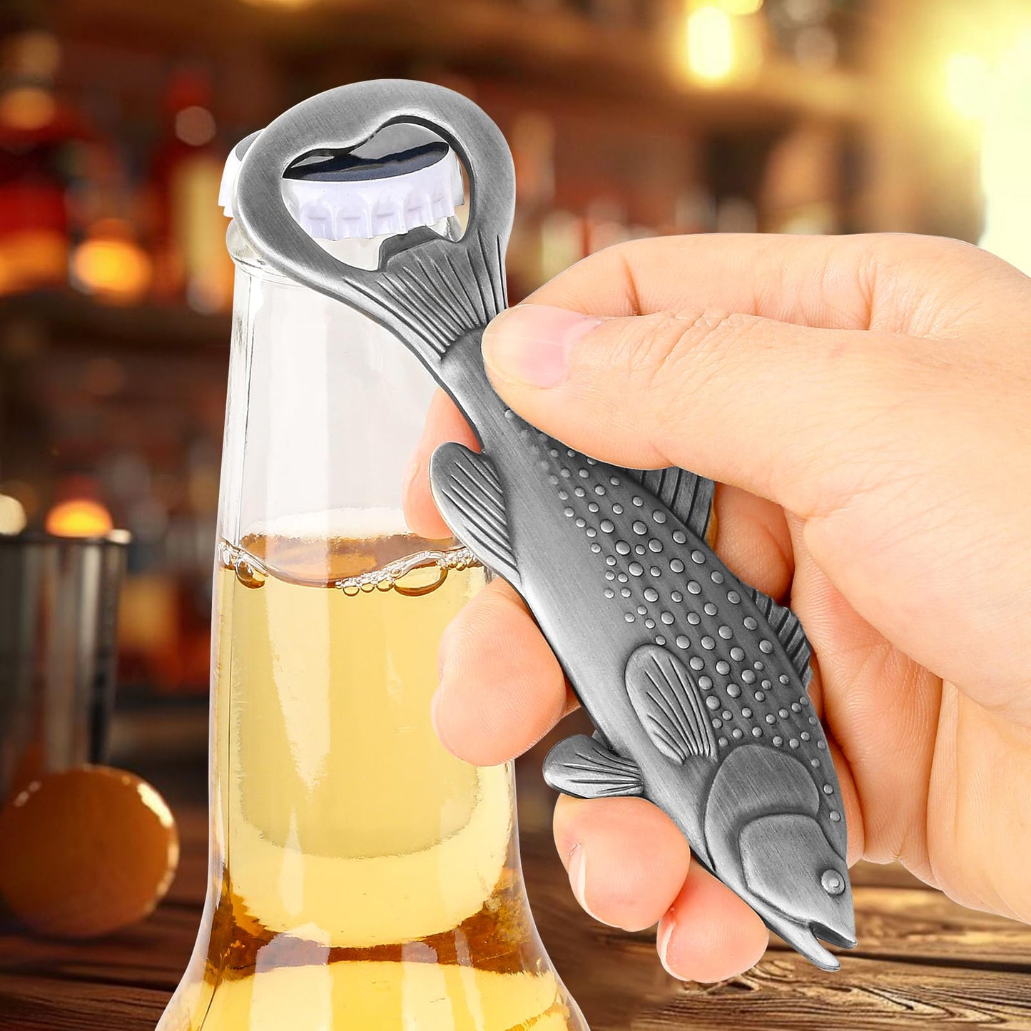 LKKCHER Bass Beer Bottle Opener, Fishing Gifts for Fisherman, Bass Fish Decoration, Birthday Fathers Day Christmas Gifts for Men Women Dad Fisherman, Silver Beer Accessories with Gift Box