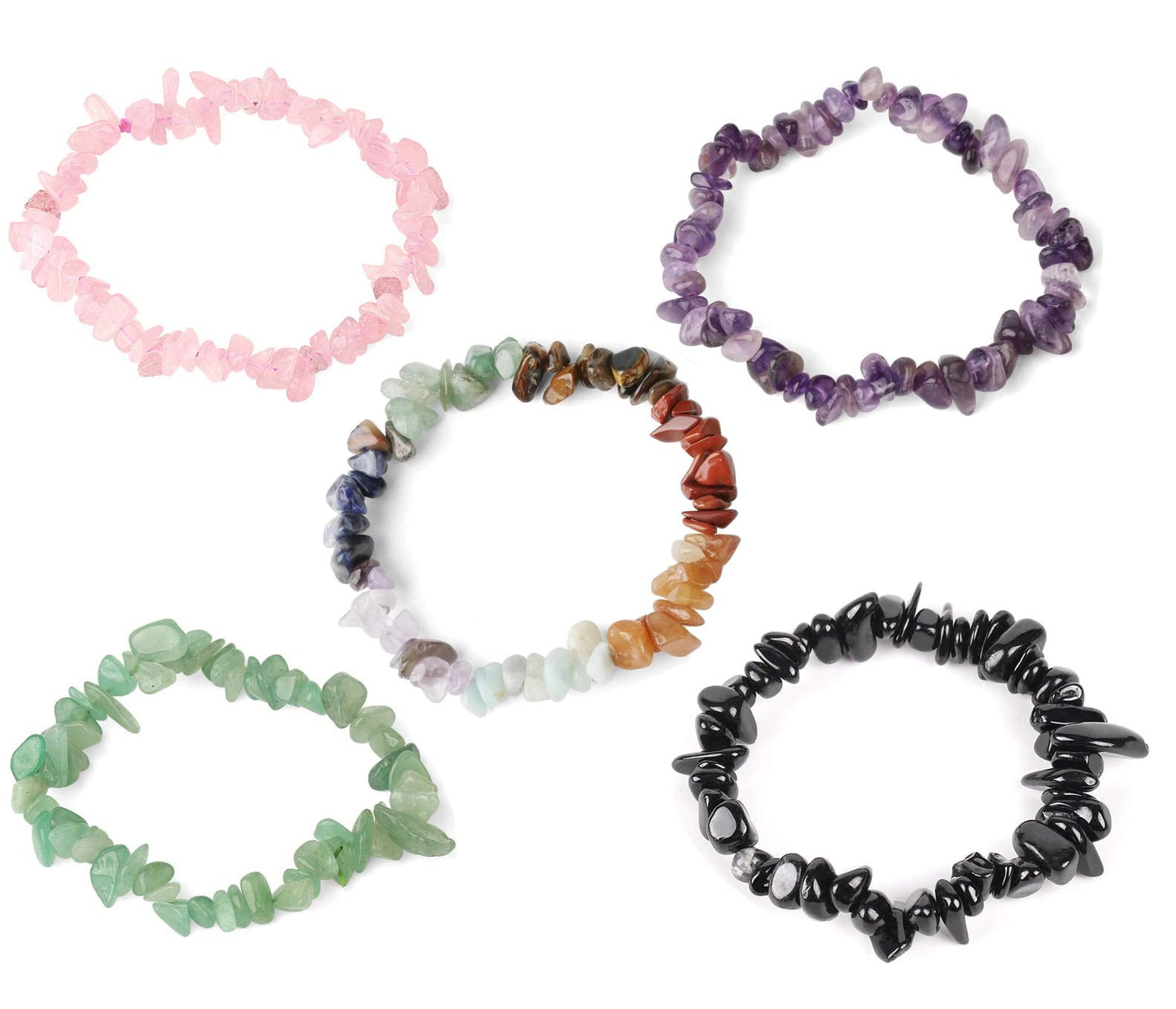 USRommaner 5 Pcs Natural Gemstone Chakra Crystal Healing Chip Stretch Bracelets,Gemstone Polished Irregular Crystals Stone Reiki Yoga Chipped Gravel Bead Jewelry Accessories