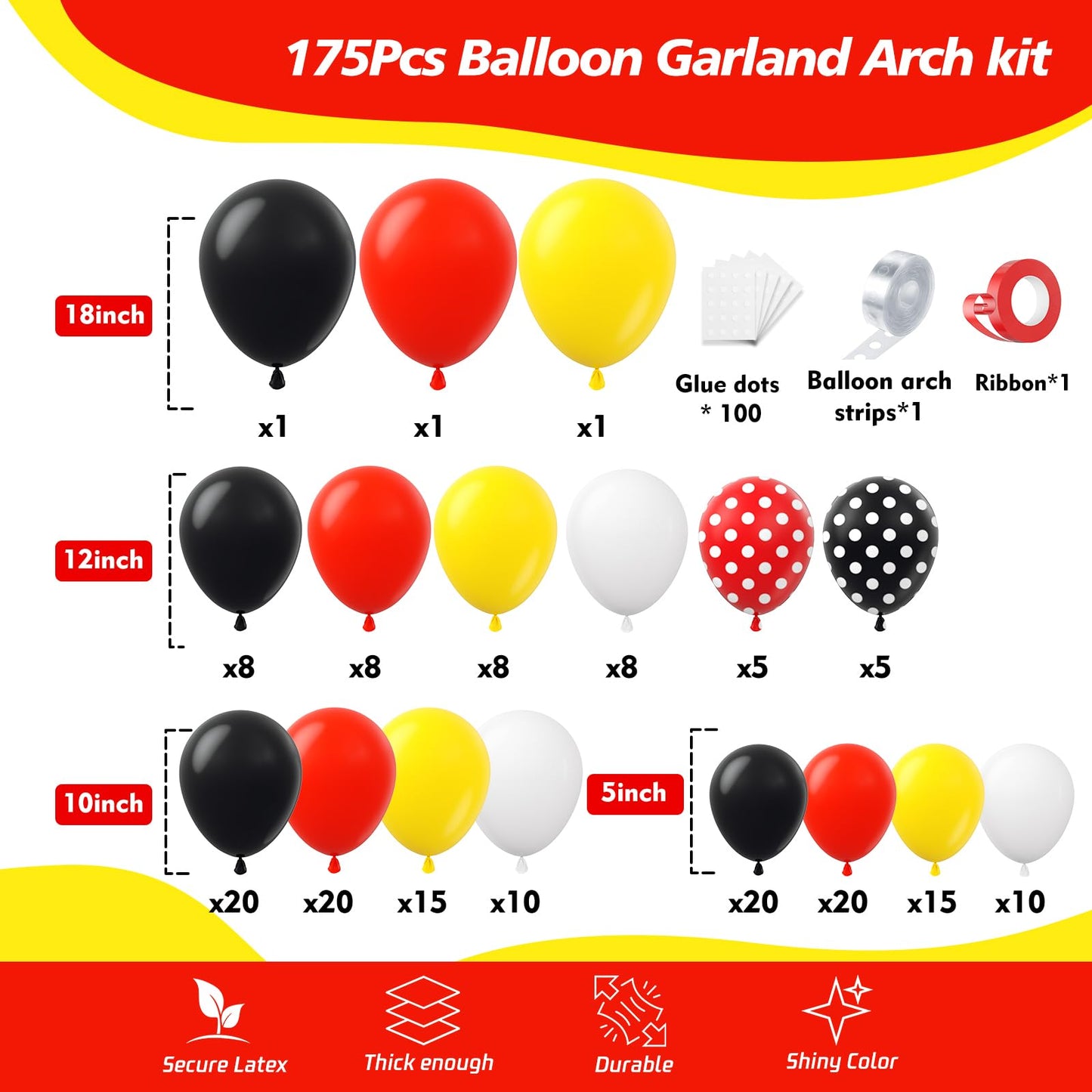 HKYOOD 175Pcs Red Yellow Black Balloon Garland Arch Kit - Cartoon Mouse Theme Party Decorations with 18 12 10 5 Different Sizes Party Balloons for Birthday Anniversary Baby Shower Backdrop Decorations