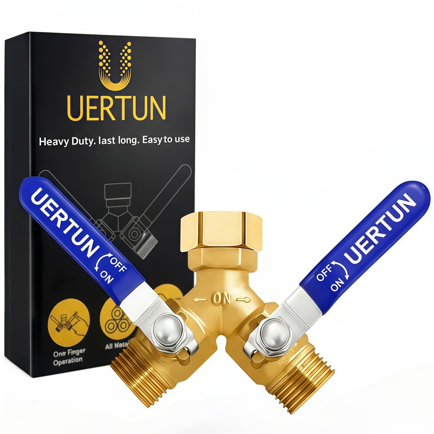 UERTUN 2 Way Garden Hose Splitter Heavy Duty Brass, Y Hose Splitter with Extra Long Handles for Easy Shut Off, Metal Water Spigot Adapter Fits Standard 3/4" GHT Faucet