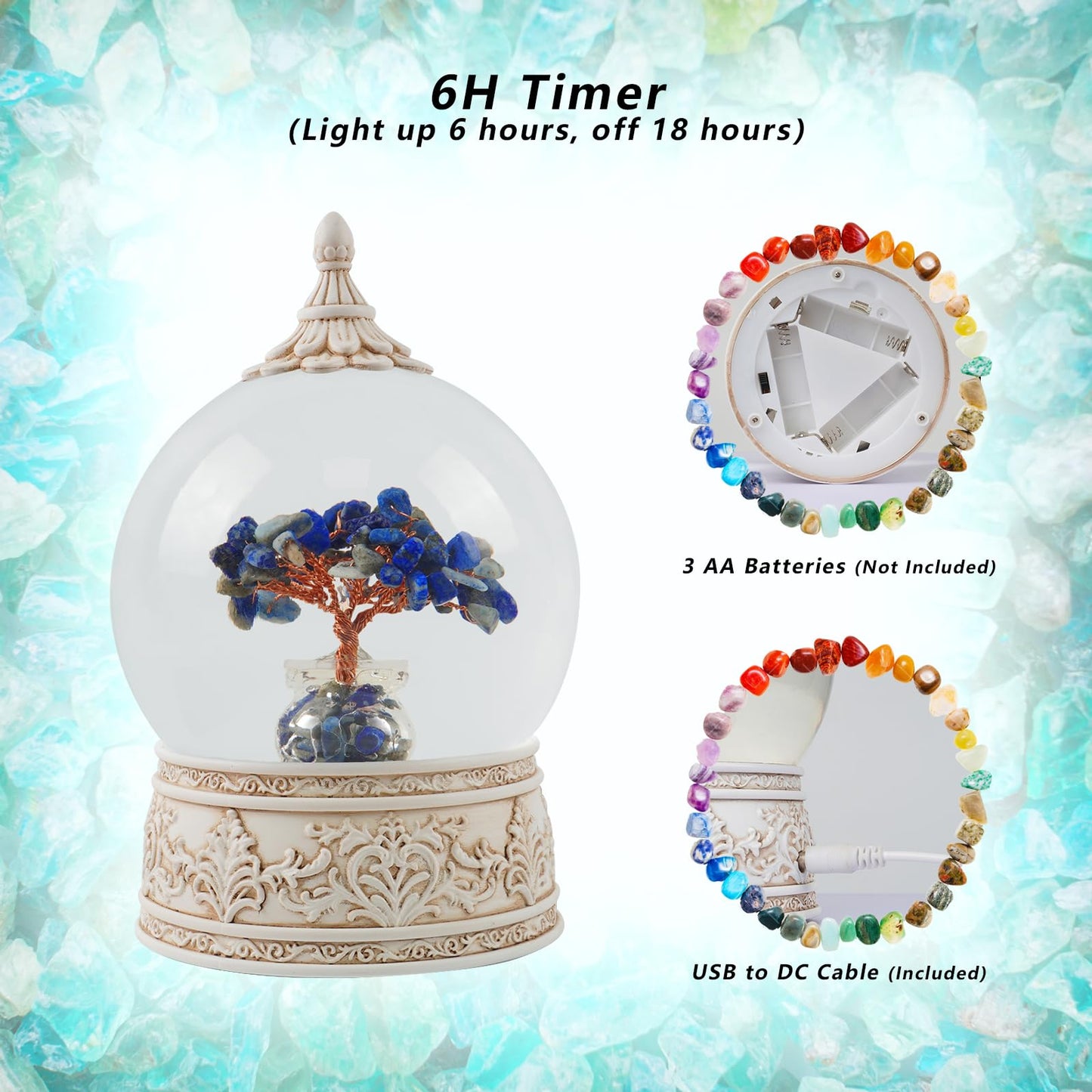 Lapis Lazuli Healing Crystal Tree Globe with Colorful Lights Sparkling Glitter, Natural Gemstone Base, Spiritual Meditation, Positive Energy Good Luck, Home Decor, Birthday Gifts (Lapis Lazuli)
