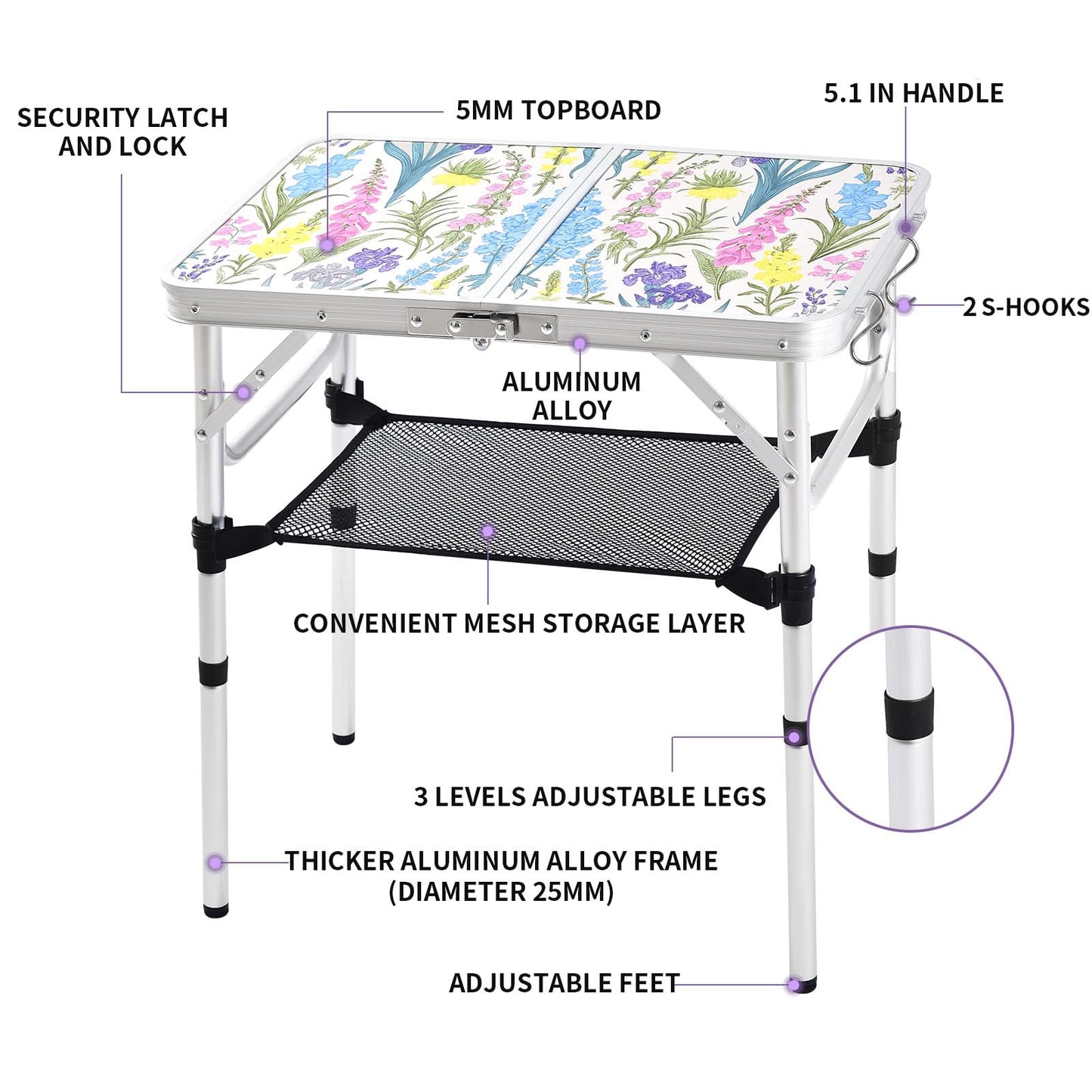 Yriuat Folding Camping Table 2ft Portable Pinic Table Adjustable Height Small Card Table Aluminum Foldable Lightweight with Carry Handle for Outdoor Indoor Hiking Camp BBQ Beach (Blooming Floral)