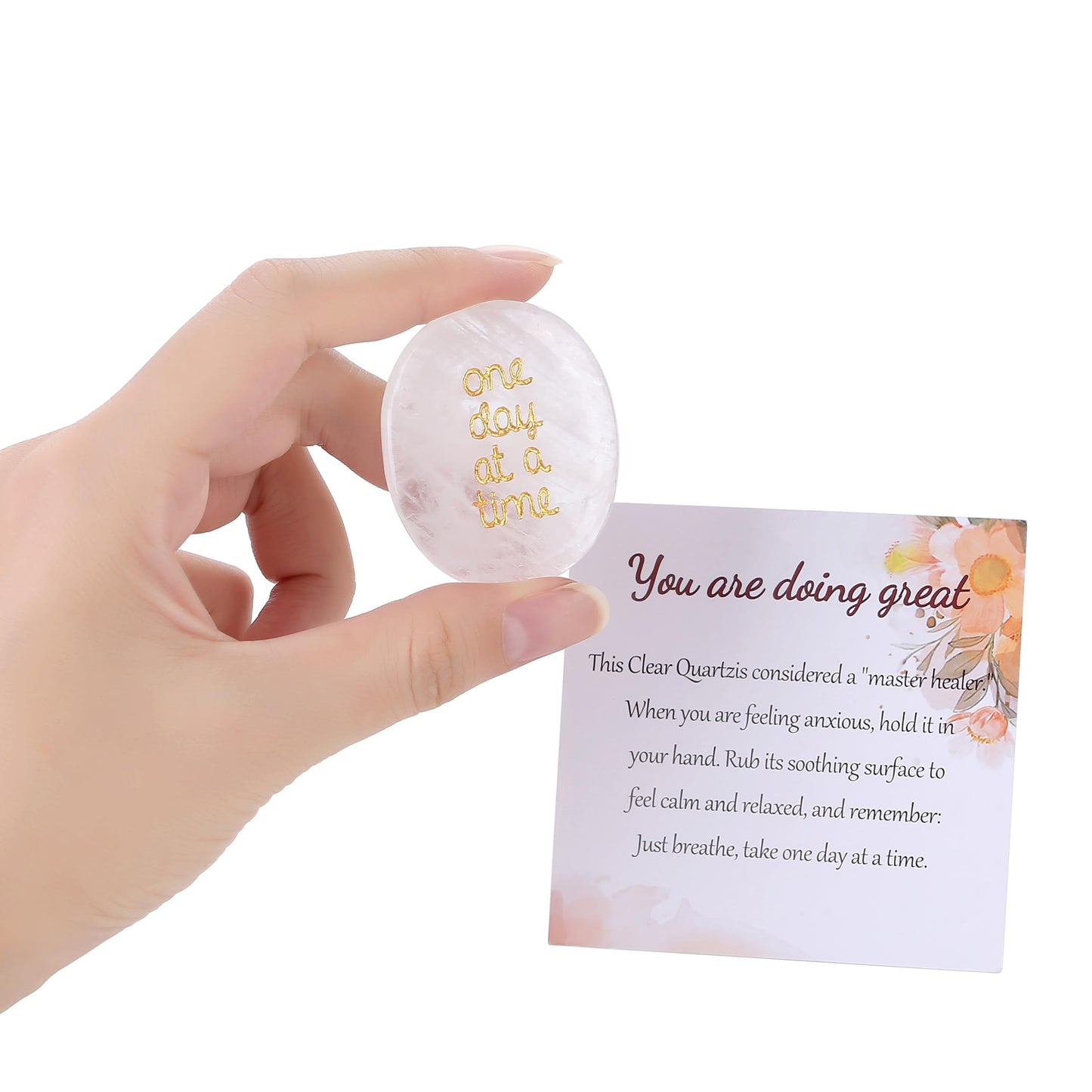 QINJIEJIE One Day at A Time Clear Quartz Worry Stone Healing Crystal Thumb Stones Thinking of You Gifts for Anxiety Relief Items You Got This Inspirational for Friend Encouragement Gift for Women Men