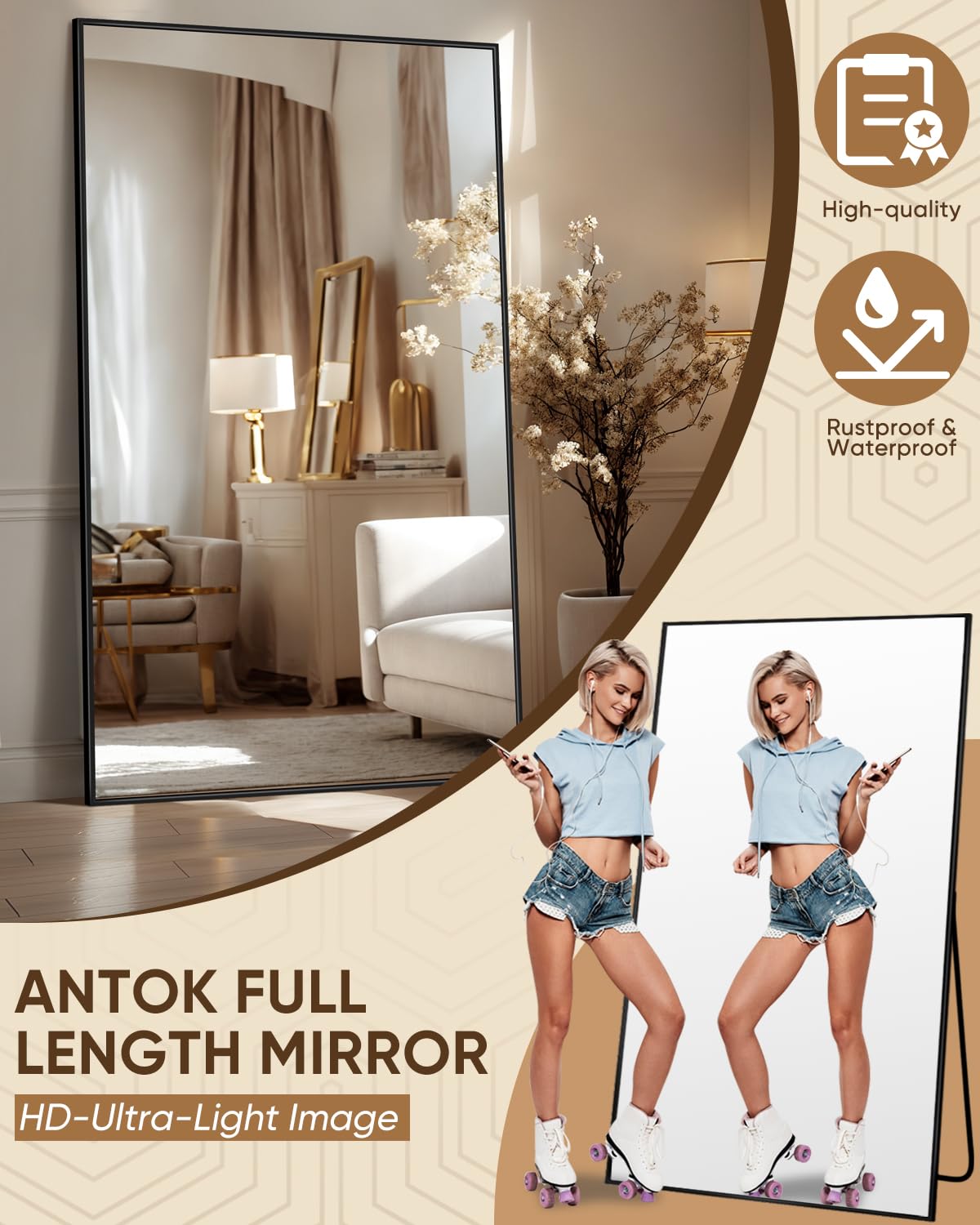Antok Full Length Mirror, 72"x44" Floor Mirror, Floor Standing Freestanding Full Body Mirror with Stand for Bedroom, Hanging Mounted for Living Room Cloakroom, Black