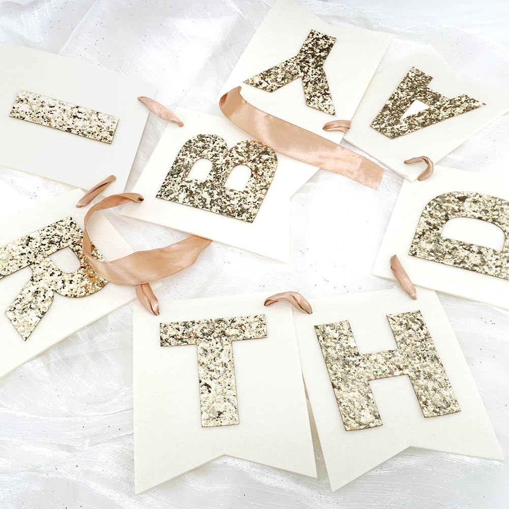 Felt Happy Birthday Banner with Glitter Letters, Cream White Boho Groovy Garland, Reusable Gold Glitter Sign, Thick Felt Bunting Decor for Sweet 16 21st 30 40 50 60 70 Birthday Party