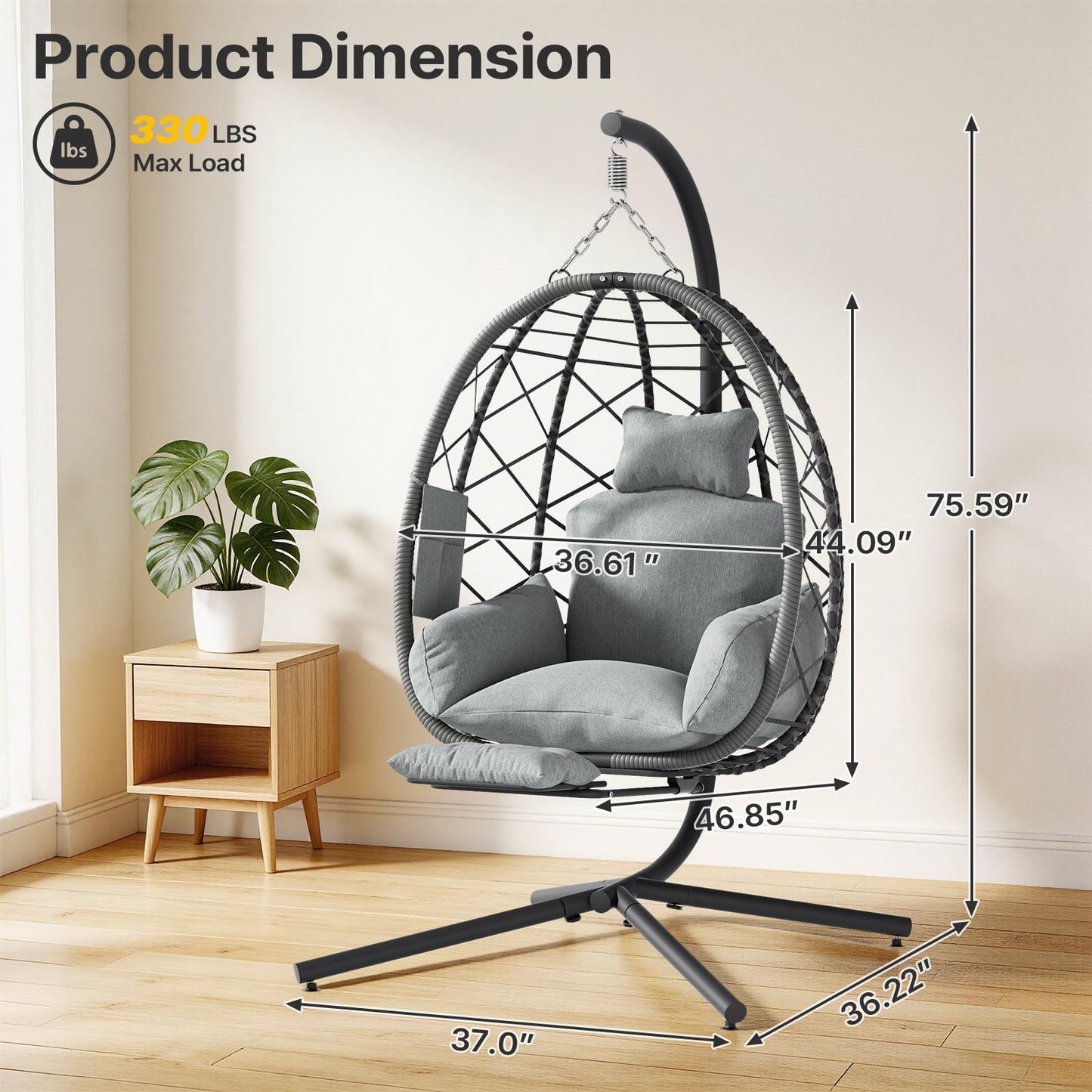 Suteck Hanging Egg Chair with Adjustable Footrest & Stand, Indoor Outdoor Wicker Egg Swing Chair with Cushion, 330lbs Capacity for Patio, Bedroom, Garden - Grey