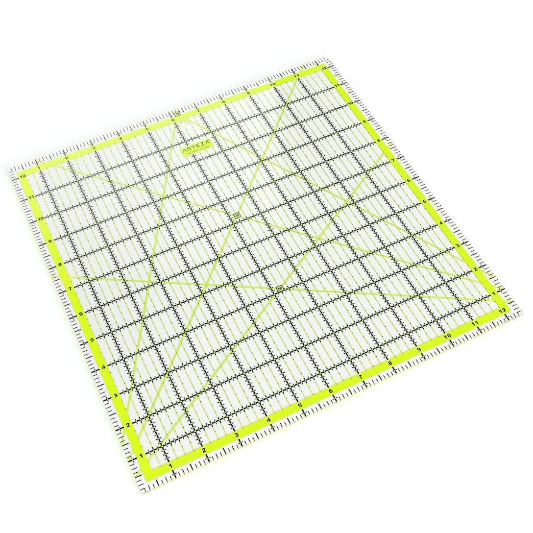 ARTEZA Quilting Rulers Set of 4, Acrylic Square Quilting Rulers for Sewing and Fabric Cutting, 4.5 x 4.5, 6 x 6, 9.5 x 9.5, 12.5 x 12.5 Inch, Dual-Color Grid, 30/45/60 Degree, 48 Non-Slip Rings