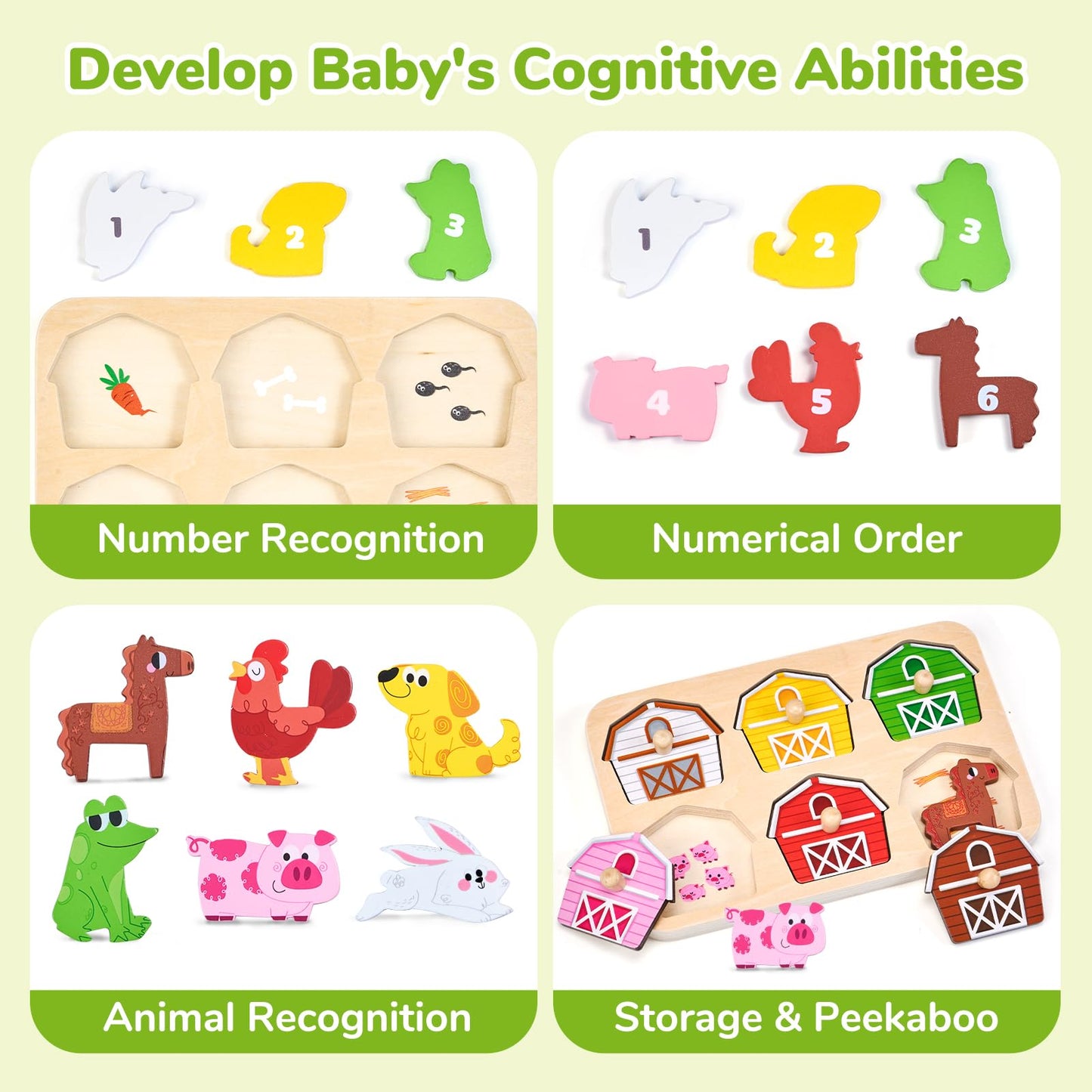 JoyCat Wooden Puzzles for Toddlers 1-3, Montessori Toys for 1 2 Year Old Boy Girl Birthday, Animal Match Farm Peg Puzzles, Preschool Learning Toys for Toddlers Age 1-2
