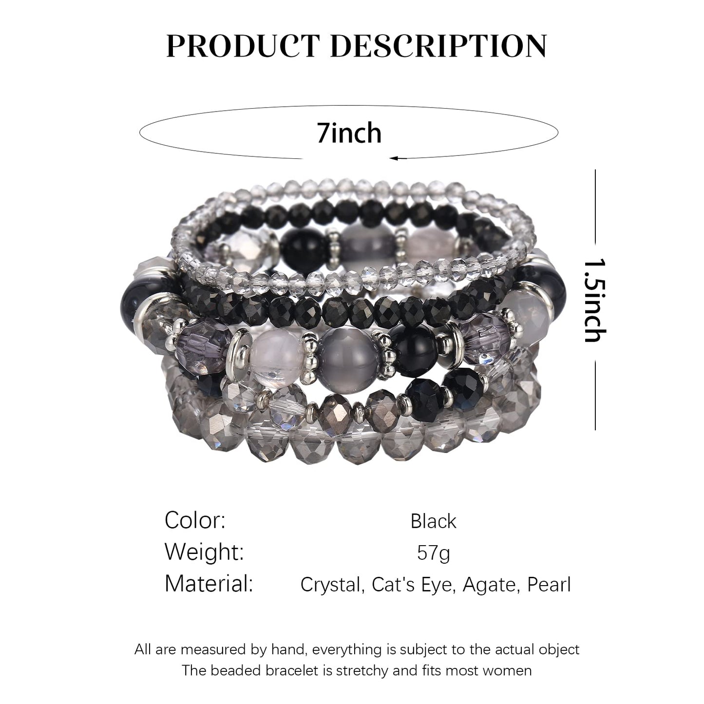 Noessla Beaded Boho Stretch Bracelet Colorful Stackable Crystal Beads Bracelets Trendy Costume Jewelry Mothers Day Gifts for Women(21-Black)