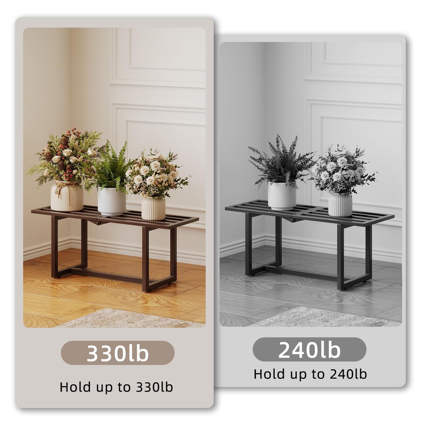 Rioneta Plant Stand Indoor Outdoor, Foldable Metal Plant Shelf for Multiple Pots, Mid Century Slatted Bench for Patio Garden, Heavy Duty Capacity 330 lbs 2 Pack Coffee