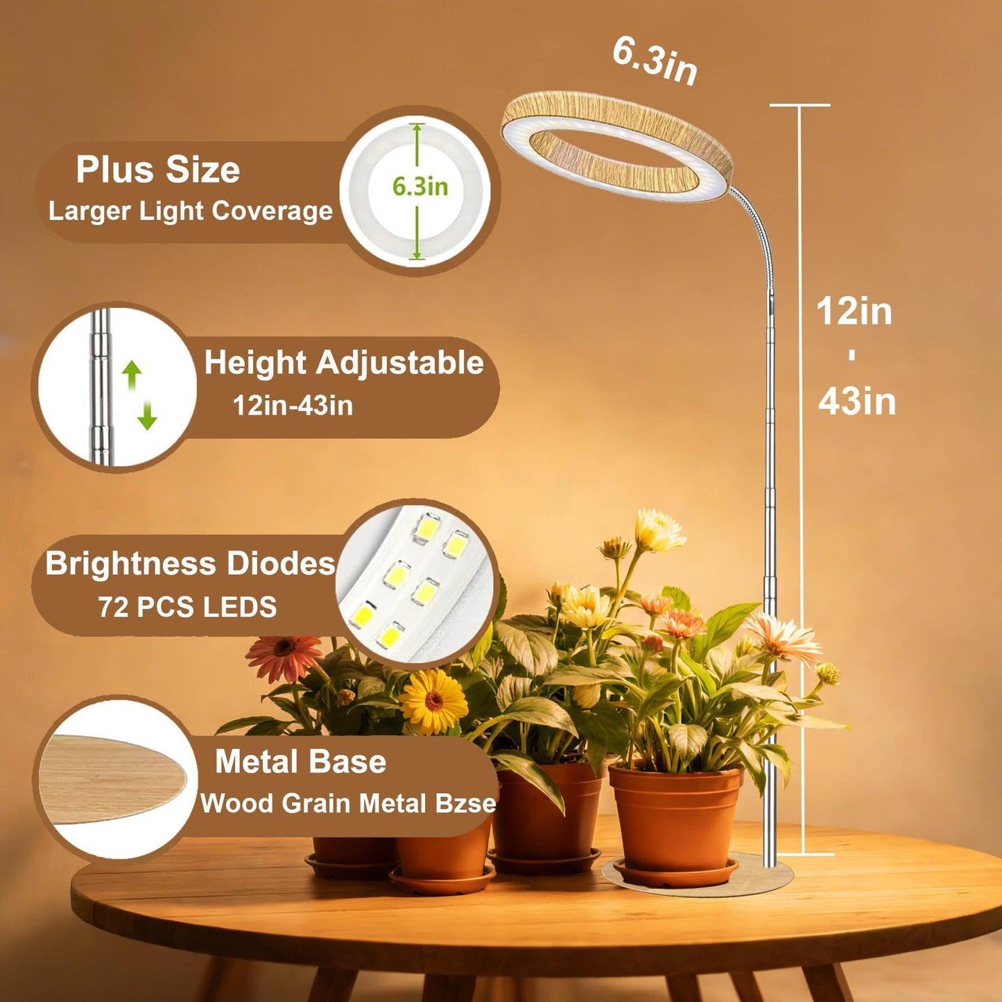 Grow Light for Indoor Plants Full Spectrum, Desk LED Plant Light with Faux Wood Grain, 12"-43" Height Adjustable, Auto On/Off Timer 3/9/12H, 3 Modes 10 Dimmable Levels for Succulents, Herbs