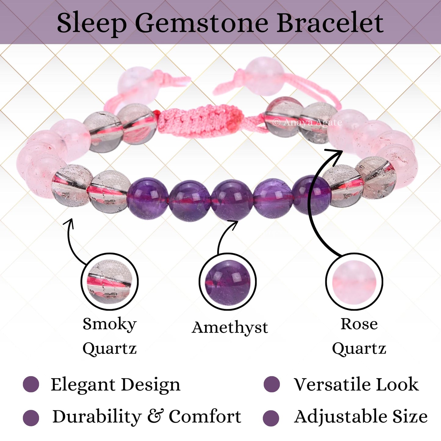 ANAYA AGATE Bracelet for Sleep Manifestation Rose Quartz Amethyst Smoky Quartz Bracelet Set - Healing Calming Anxiety Stress Relief Gifts Pulseras Para Hombres Mujer Stocking Stuffers