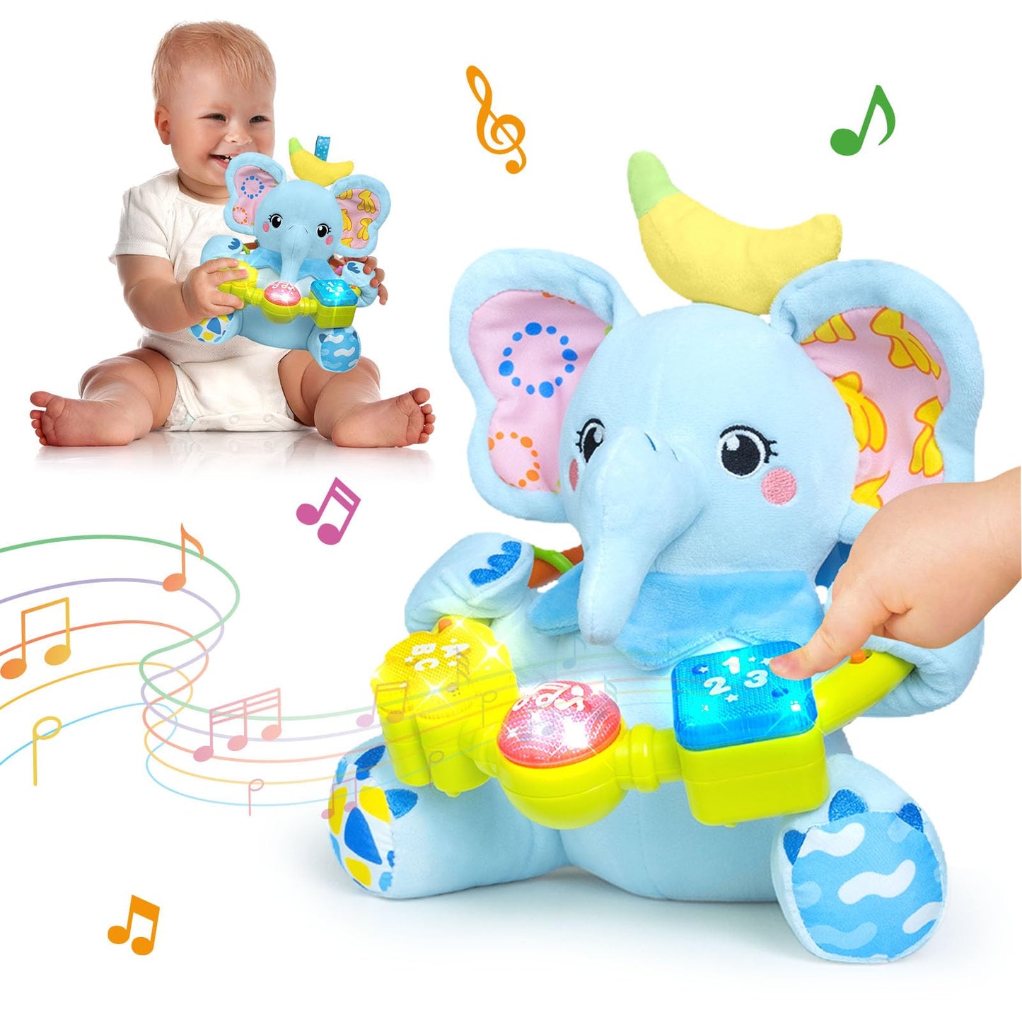 Ryotagift Baby Bilingual Musical Elephant Stuffed Animals Toys,Infant Early Learning Toy with Light-Up Music & Crinkle,Tummy Time Toys for 0 3 6 9 12+ Months for Baby Boy Girl Gift,Blue