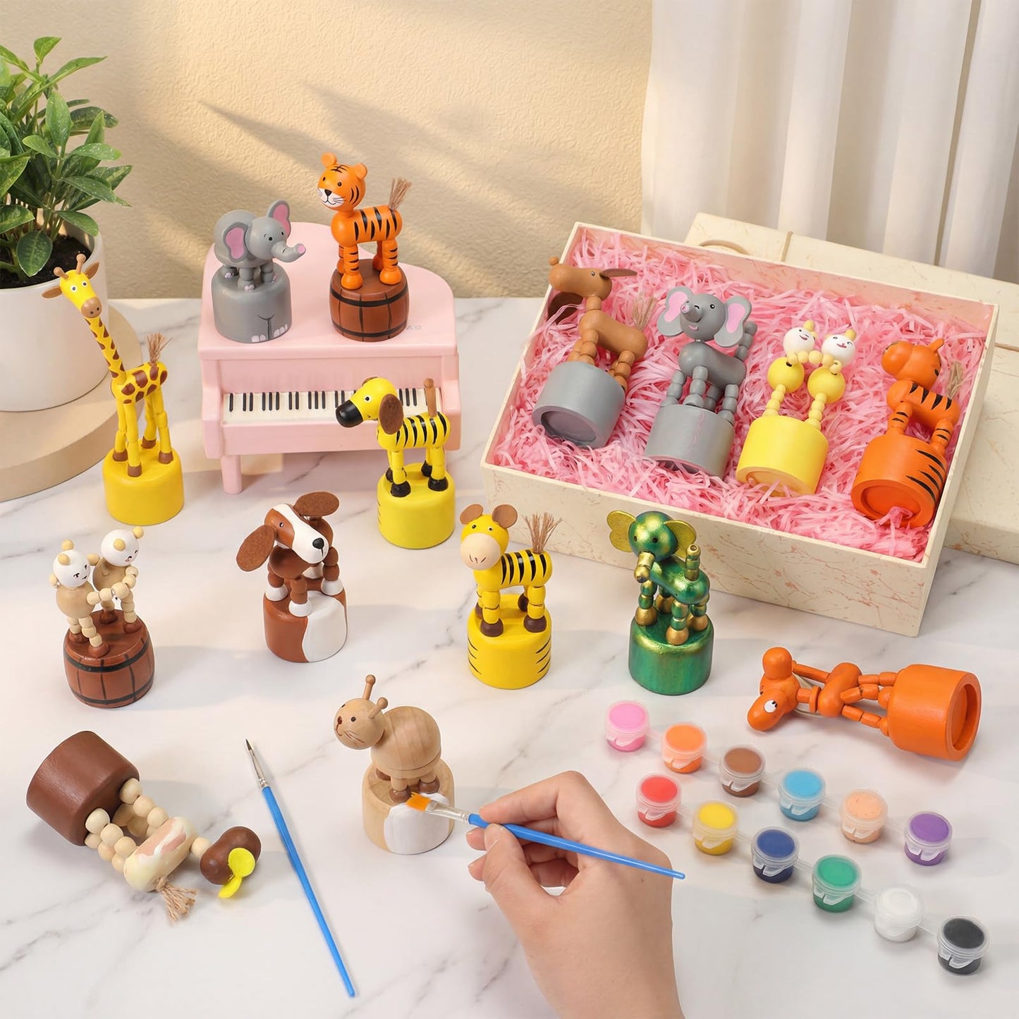 DoubleFill 16 Pcs Wooden Crafts to Paint Unfinished Wood Animals Figures Animals 3D DIY Painting Crafts for Kids Boys Girls Birthday Party Favors