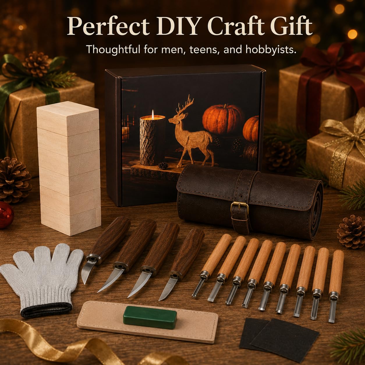 26Pcs Deluxe Wood Carving Kit, Whittling Knife Set with Leather Storage Case, Basswood Blocks & Safety Gloves, Woodworking Tools for Beginners Adults Kids, DIY Craft Gift for Men Teens