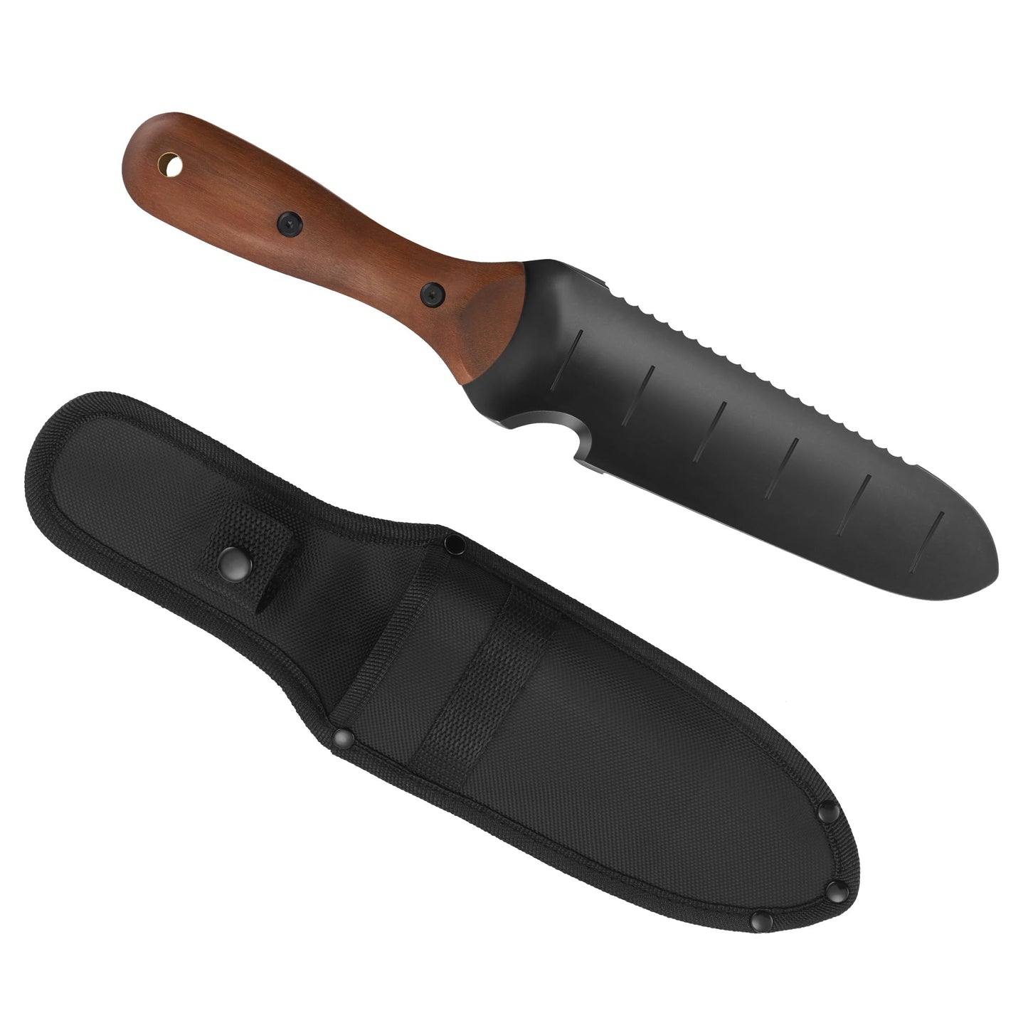 Troispot 12-Inch Garden Trowel with Full-Tang Wooden Handle & Black Stainless Steel Blade, Durable Tool for Digging, Weeding, Planting, Includes Knitted Storage Bag
