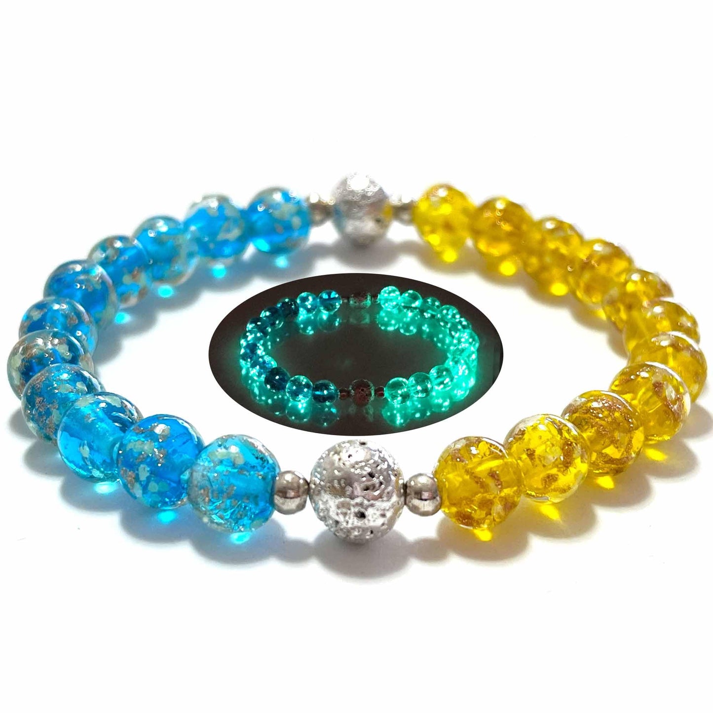 ARTSY CRAFTS INC Glow in The Dark Beads Bracelet, European Lampwork Bead Bracelet, Luminous Beads Anxiety Stress Relief Healing Crystal Chakra Bracelets Women Men (Blue and Lime)