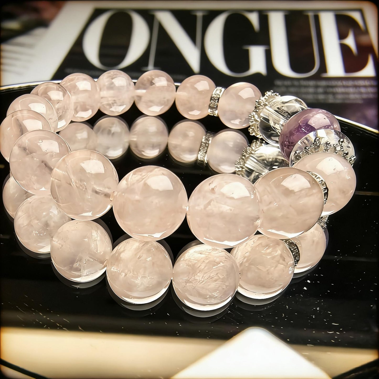 Natural crystal bracelet featuring 13mm beads and decorative charms, handcrafted and one-of-a-kind. This versatile, high-end stretchy bead bracelet for women is perfect for personal wear or as a gift. (Pink, Medium)