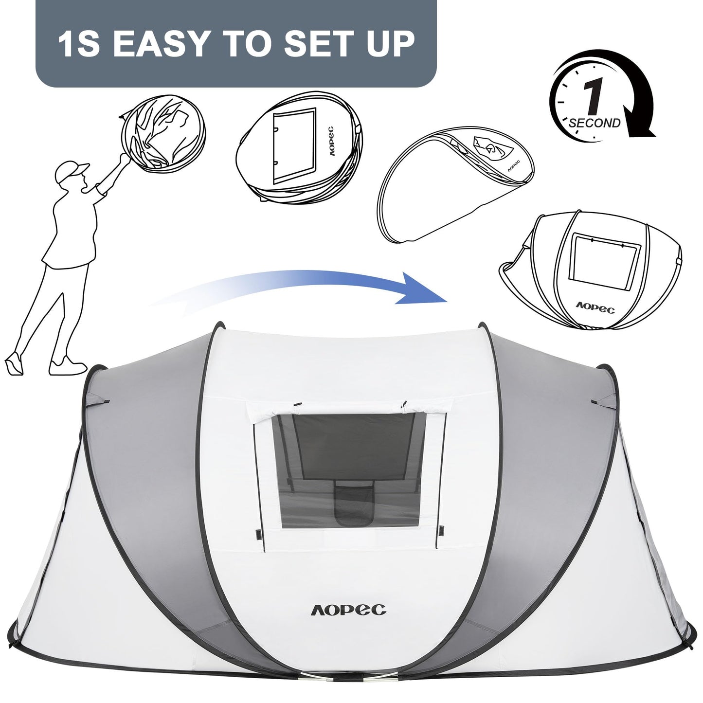 AOPEC Pop Up Camping Tent, 2/4/6 Person Instant Tent Waterproof PU4500mm, Spacious Ventilated Camping Tent with Front Porch, Quick Setup Lightweight Portable for Outdoor Camping Hiking Beach