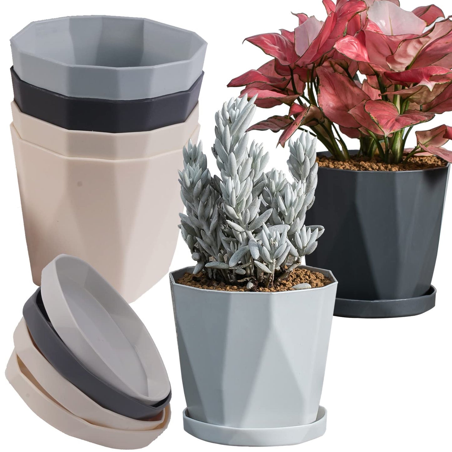 InmeRun Plant Pots Indoor Plastic Flower Pots Outdoor 5 inch Set of 6 Pack with Drainage Holes and Saucers for Garden Pots (5 in 6 pcs)