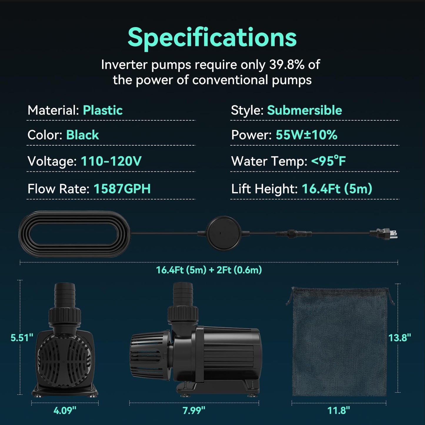 1587 GPH Submersible Water Pump, 55W Pond Pump with 16.5FT. Lift Height for Koi Pond Pool, Waterfall, Fish Tank, Aquarium, Statuary, Hydroponic, Ultra Quiet, Barrier Bag & 16.5FT Power Cord