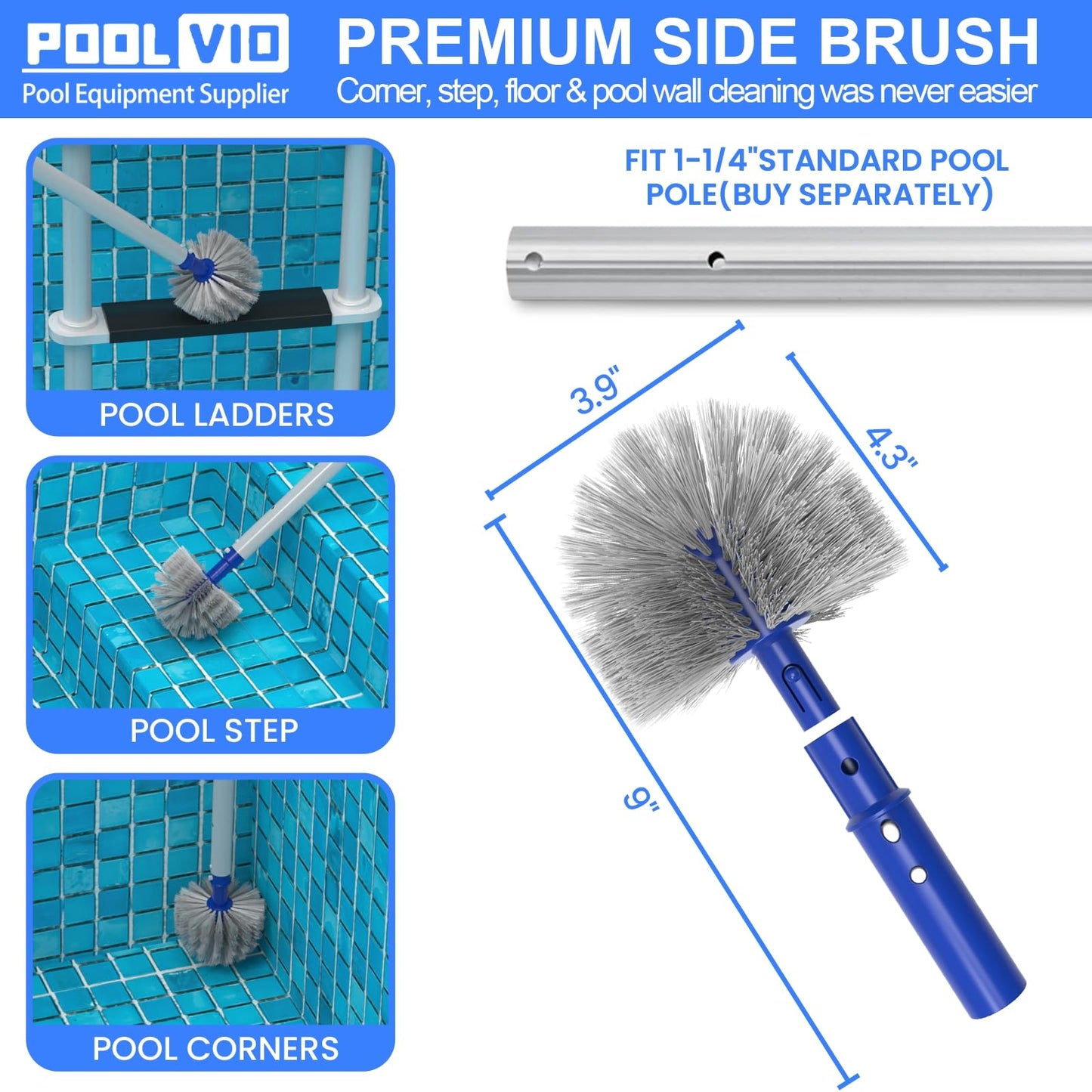 Poolvio Deluxe Swimming Pool Cleaning Kit Including Skimmer Net, 2-in-1 Pool Brush & Weighted Vacuum Head with Wheels for Above Ground & Inground Pools (No Pole)