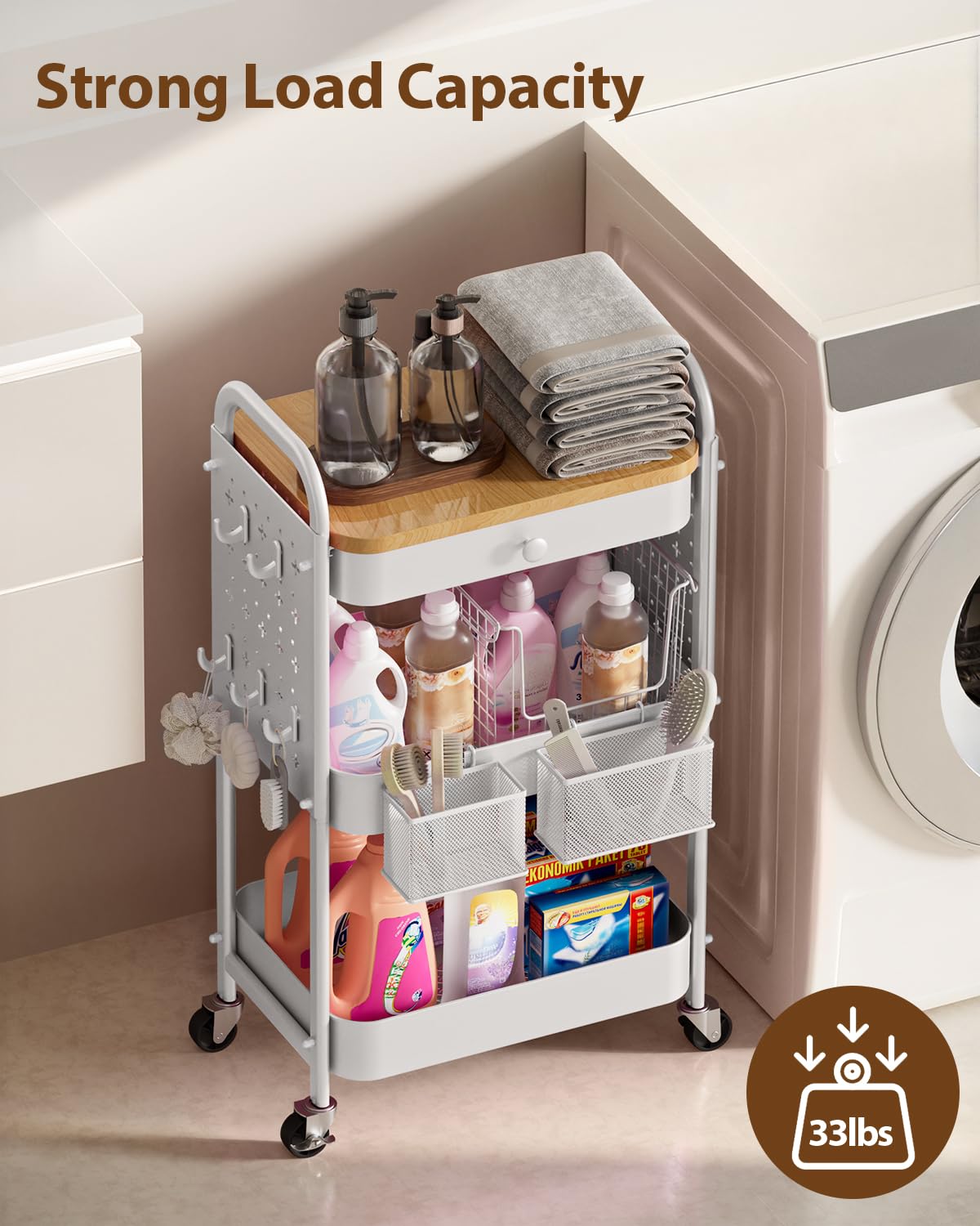 ALVOROG Rolling Cart with Drawer and Wood Table Top, 3 Tier Metal Rolling Utility Cart on Wheels with DIY Pegboards, Hanging Baskets, Hooks for Kitchen, Bedroom, Office, Craft Supplies