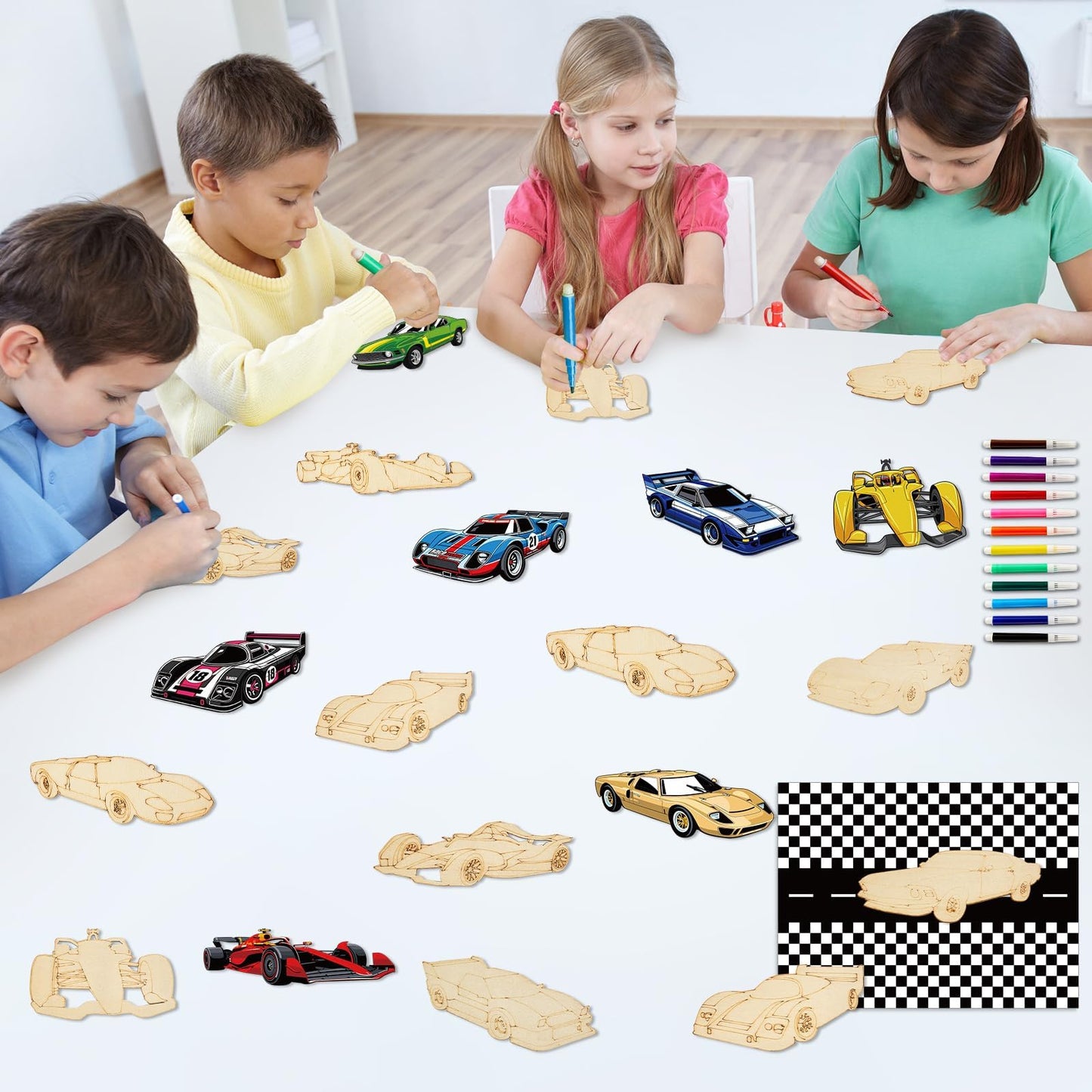 gisgfim 16 Sets Race Car Wooden Painting Kit Race Car Party Favors Wood Painting Crafts Bulk Racing Cards Creative Art Craft Set Thank You for Coming Gifts for Kids Boys Girls Birthday Party Supplies