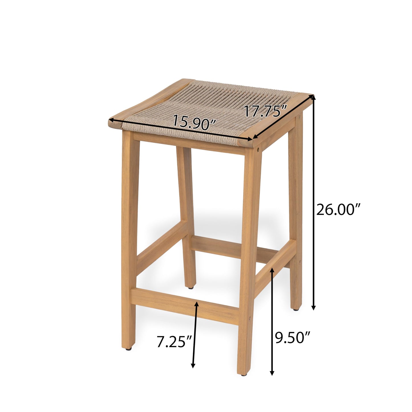Christopher Knight Home Lily Set of 2 Patio Barstool, Acacia Wood & Woven Rope Outdoor Counter Stool with Footrest, Backless Wooden Barstool Chairs for Backyard Balcony Garden, Beige + Teak