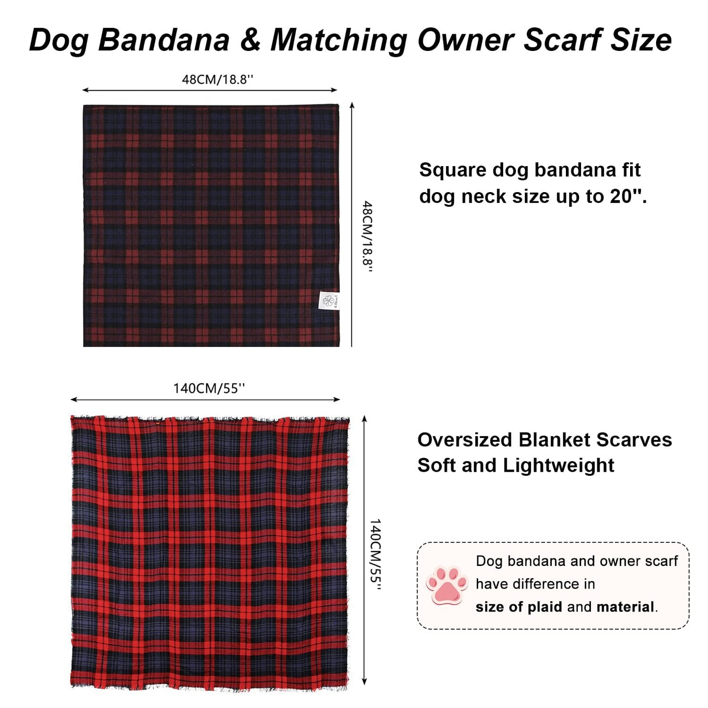 E-Clover Christmas Dog Bandanas Matching Owner Scarf Plaid Dog Bandana Bibs with Tartan Scarves Shawl for Medium Large Dogs Girl Mom Outfit Red Blue
