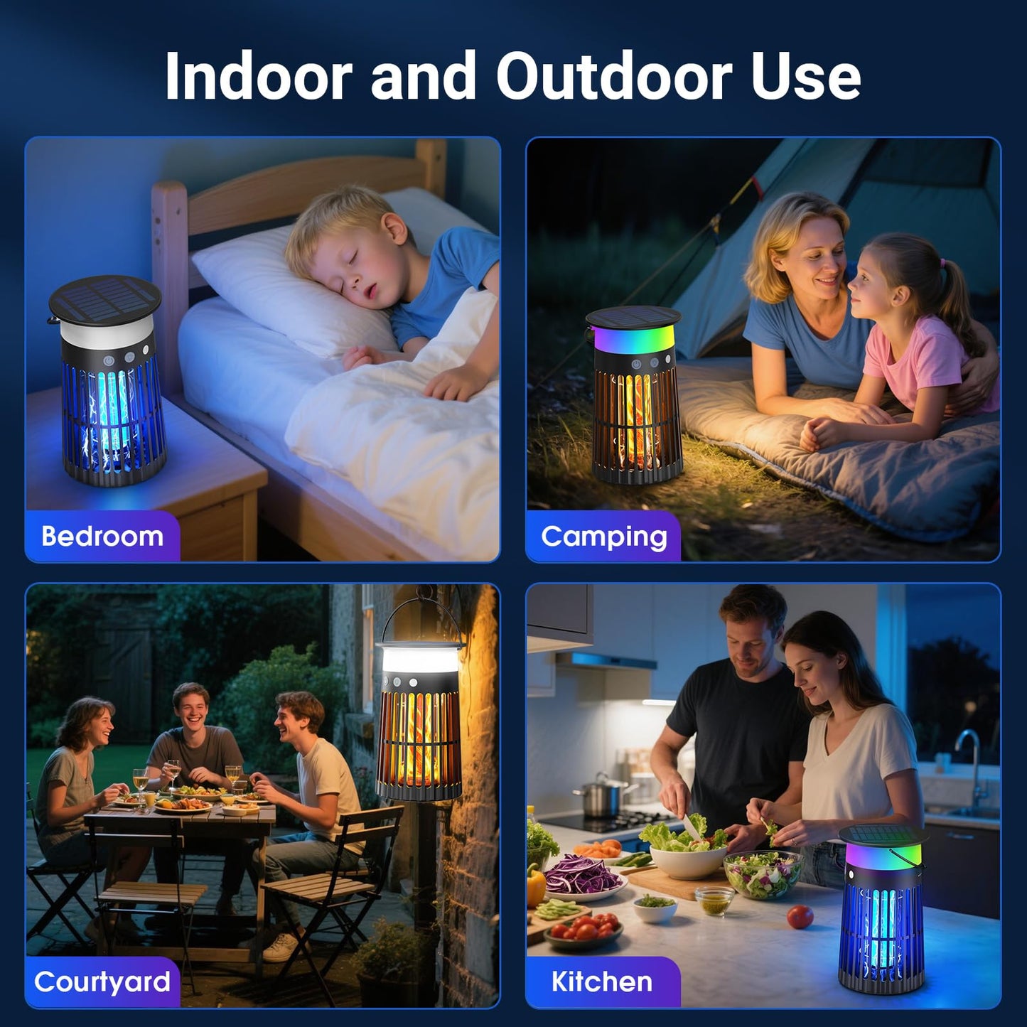 2 Pack Solar Bug Zapper Outdoor, Portable Electric Mosquito Killer Waterproof, Rechargeable Insect Trap with LED Night Light and Flame Effect, Ideal for Outside Patio, Backyard, and Camping