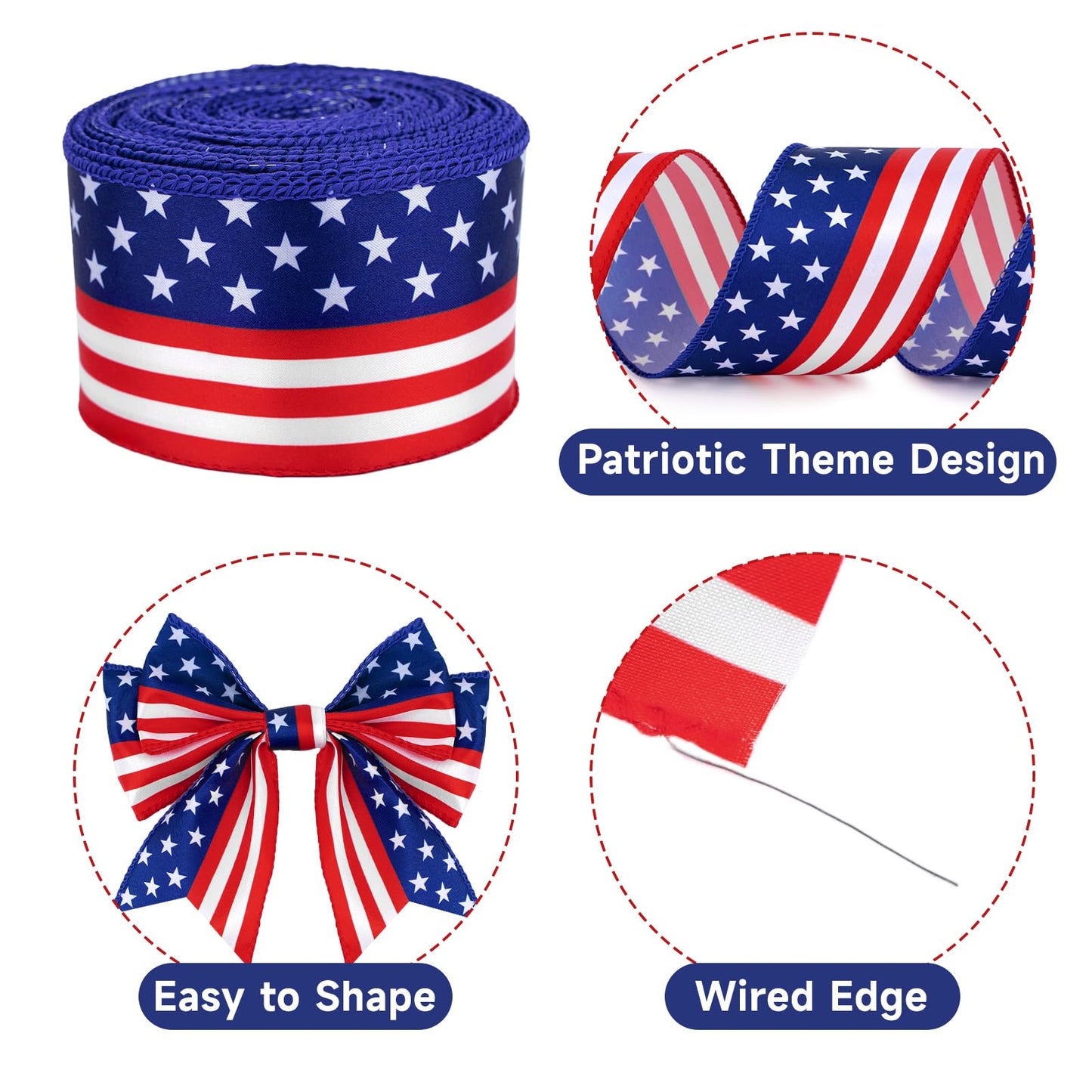 KINGLAKE 250th Anniversary Patriotic Wired Ribbon - 2-1/2 Inch x 11 Yds Red White Blue Striped Satin Star Ribbon 4th of July Ribbons for Wreaths Crafts Independence Day Memorial Day Veterans Day Decor