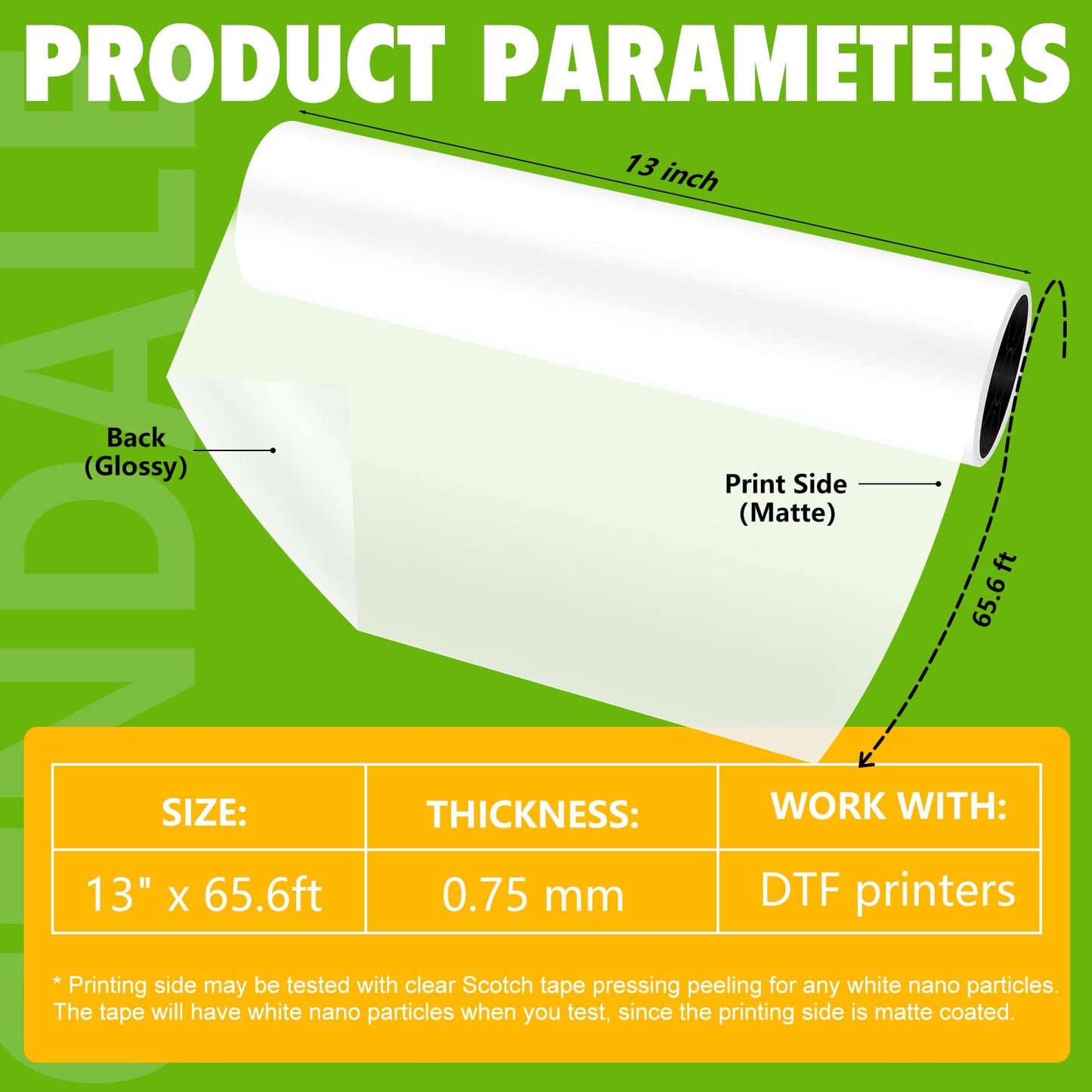 CenDale DTF Transfer Film Roll 13"x 65.6ft - Premium A3+ DTF Film Roll, Double Sided Matte Clear PreTreat PET Heat Transfer Paper, Hot & Cold Peel DTF Paper Roll, Direct to Film for T-Shirts Textile
