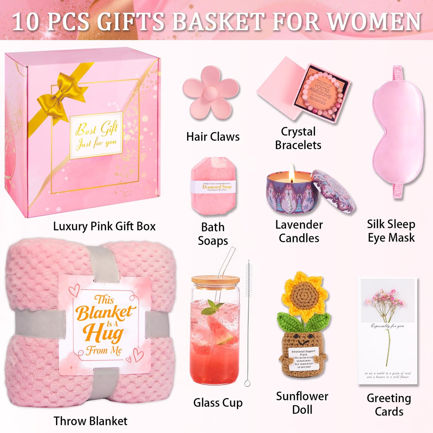 Birthday Gifts for Women Spa Care Package, Get Well Soon Gift Baskets Thinking of You Sympathy Gift, Self Care Basket w/ Luxury Flannel Blanket 16 Oz Glass Mother Day Gifts for Her Sister Wife Friend