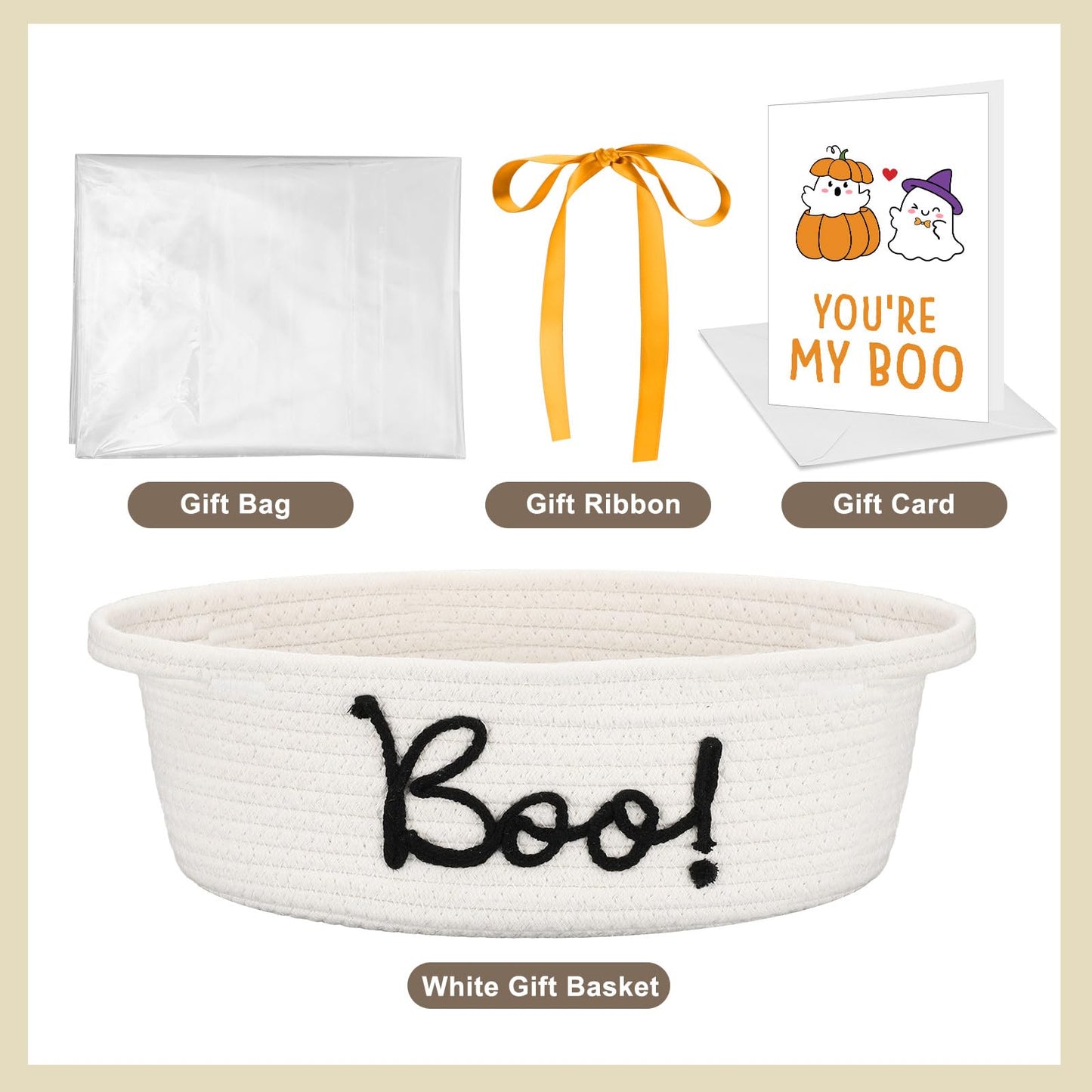 Reallnaive Halloween Boo Gift Basket Set with Handles Include Woven Basket Gift Bags and Ribbons 1 Boo Thank You Cards with White Envelope for Halloween Trick or Treat Party Favor Supplies(Orange)
