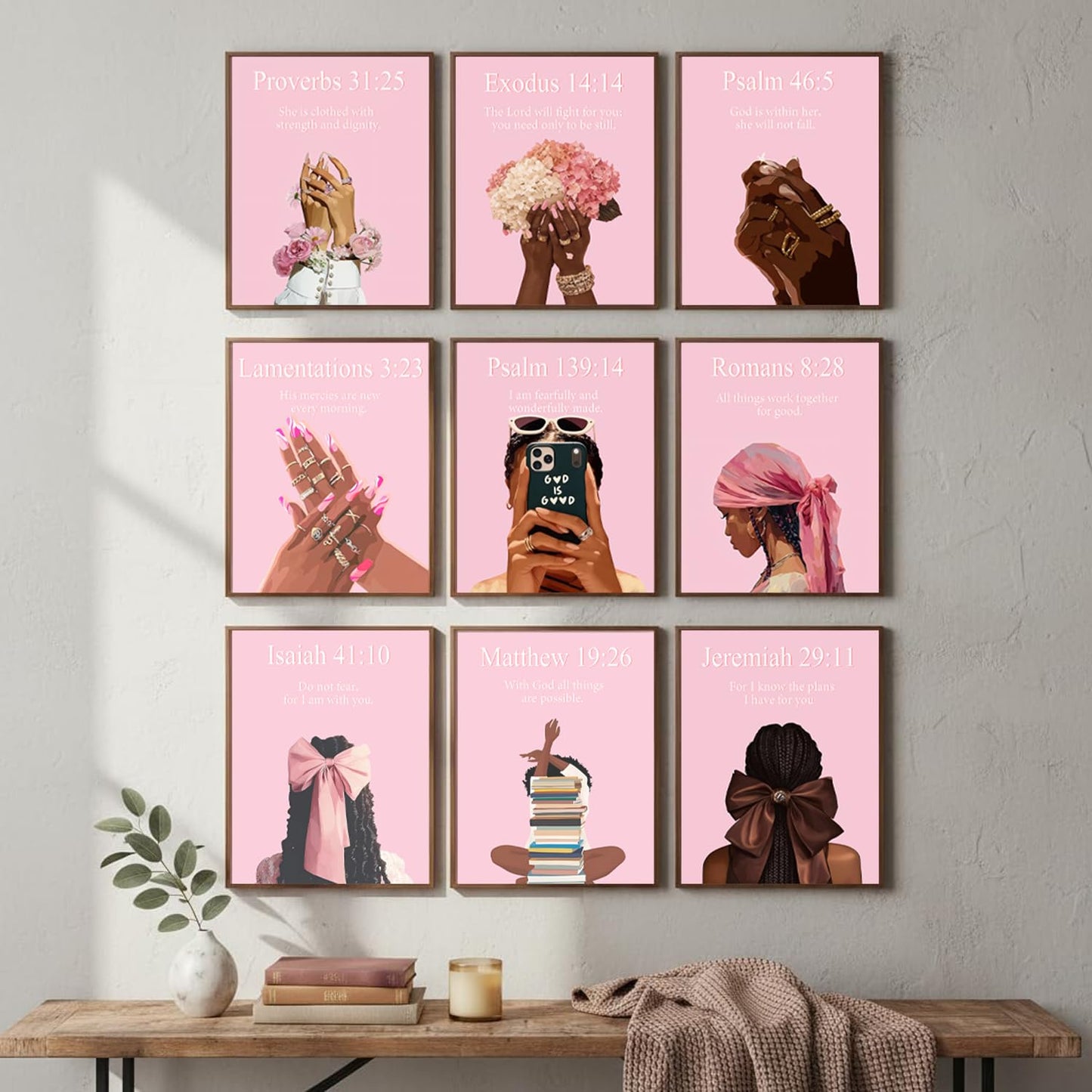 ANVOTIG Pink Christian Black Women Wall Art Prints Set of 9, Preppy African American Bible Verse Posters, Trendy Pink Black Girl Room Decor for Bedroom Bathroom Living Room 8x10 Inch Unframed