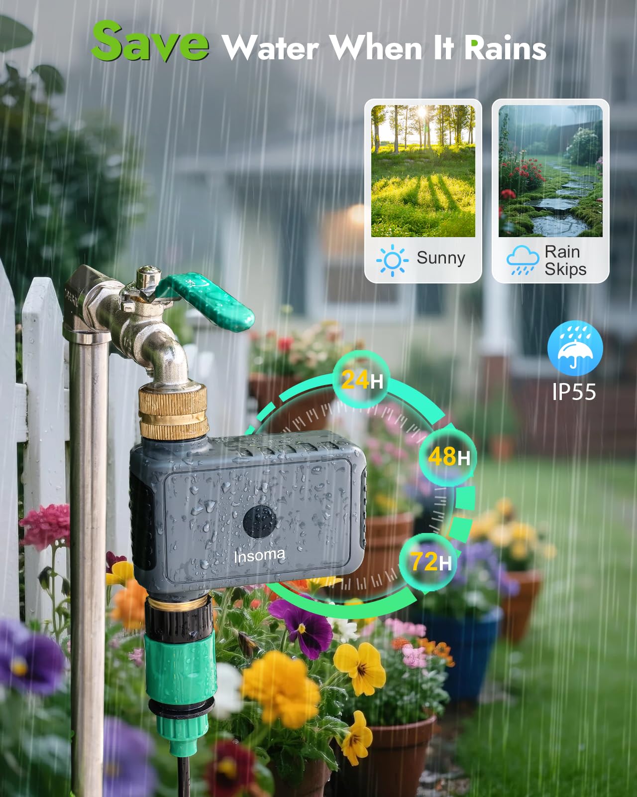 Insoma WiFi Hose Timer - Brass Inlet & Outlet, Voice/App Control Sprinkler Timers with Rain Delay/Manual/Auto Mode, Smart Water Timer for Garden/Lawn/Yard Work with Alexa & Google Home, Energy Saving