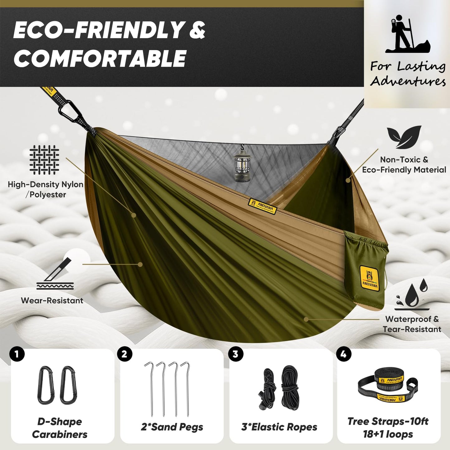 Camping Hammock with Mosquito Net, 600 lbs Portable Hammock with Tree Straps, 2-in-1 Double/Single Travel Hammock Tent for Outside/Indoor/Backpacking/Beach - Green & Khaki
