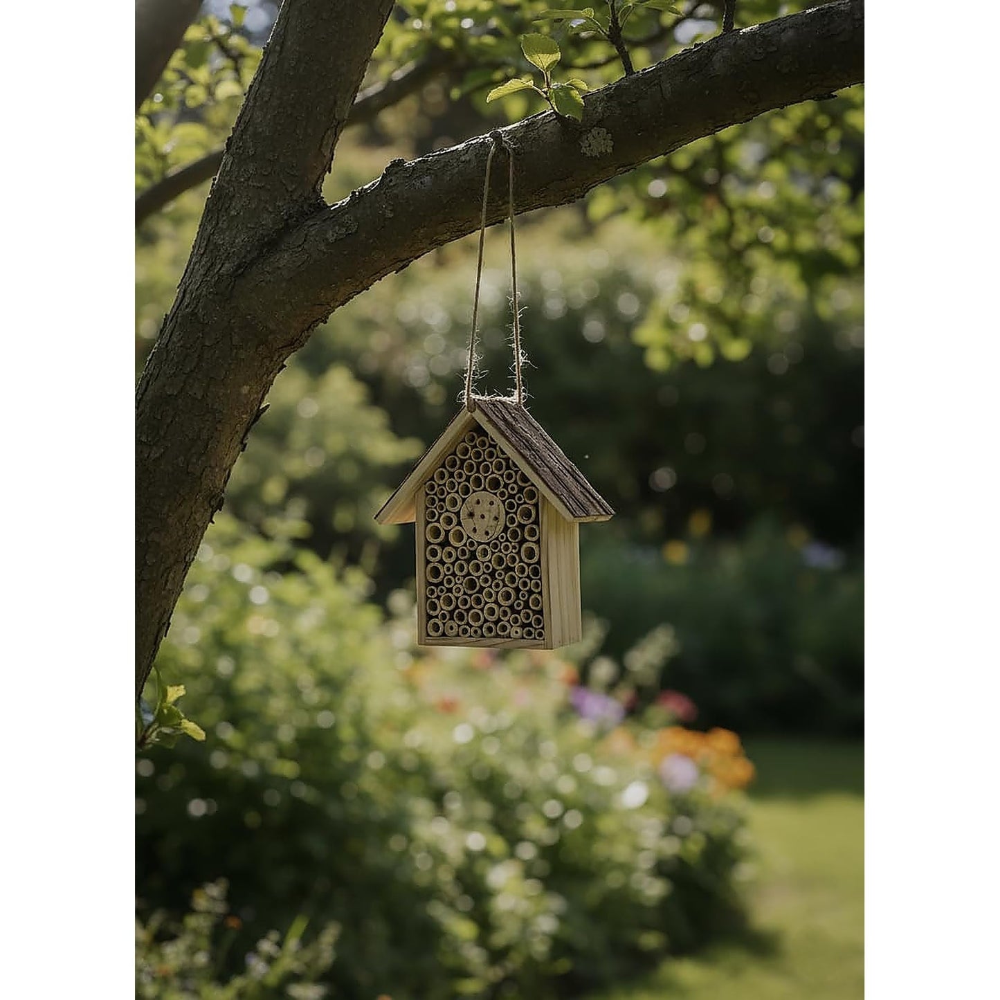 Redwood Mason Bee House - Solitary Bee Hotel & Wooden Pollinator House | Leafcutter Bee Hive with Easy-Hang Jute Rope | Weatherproof Insect Hotel & Outdoor Garden Decor for Pollinators