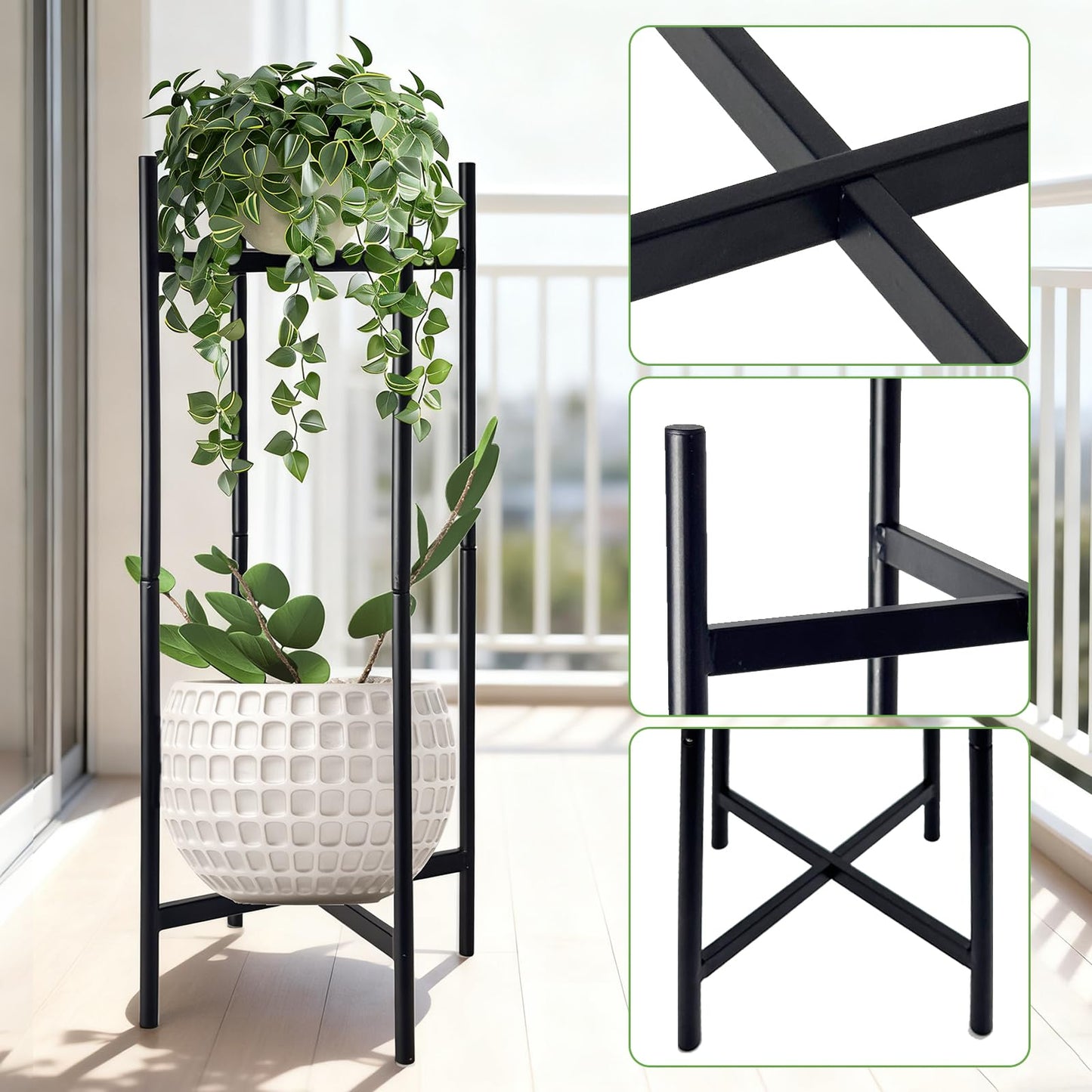 XYCCRX 2 Tier Metal Plant Stand Set of 2, Tall Indoor Plant Stands for Home Room, Corner Flower Pot Holder Rack for Patio Balcony Garden, Modern Planter Shelf for Large Small Potted Plants, Black