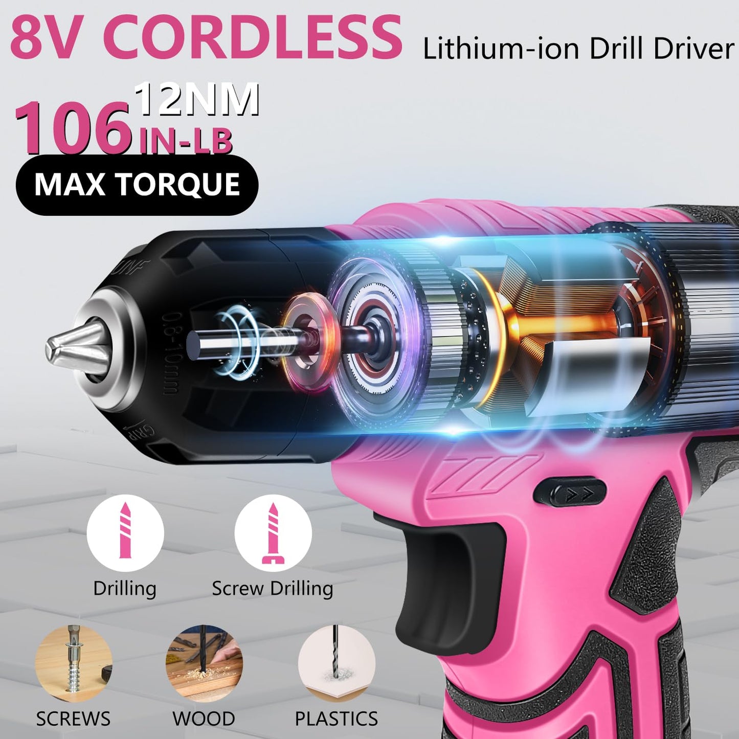 JENABOM Tool Set - 8V Cordless Drill Set, 127 Piece Home Tool Set With Hand Drill, Tool Kit for Women & Men, Perfect for Homeowner, Diyer, Handyman, Pink