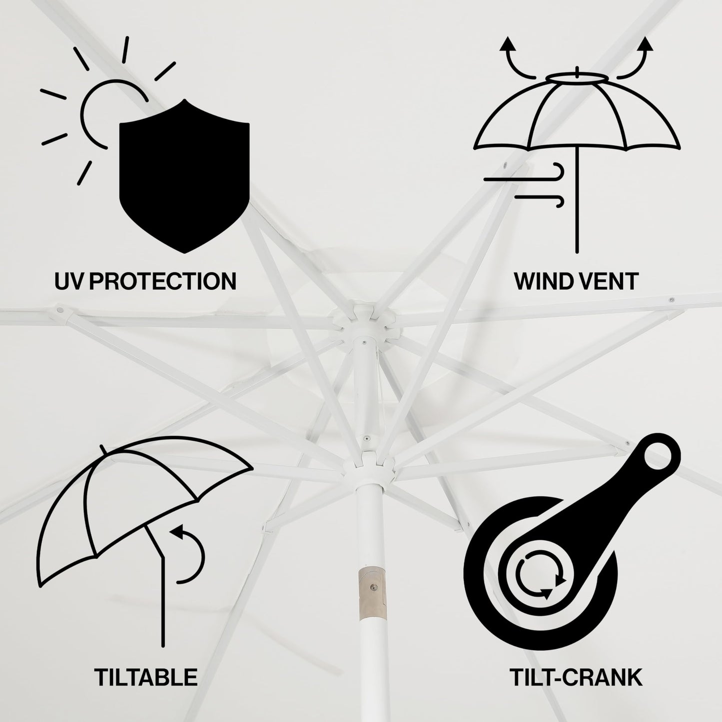 JONATHAN Y UMB1002D Tracy 9 ft. Classic MidCentury Scalloped Fringe Market Patio Umbrella with Auto-Tilt, Crank, Wind Vent and UV Protection in White/Black