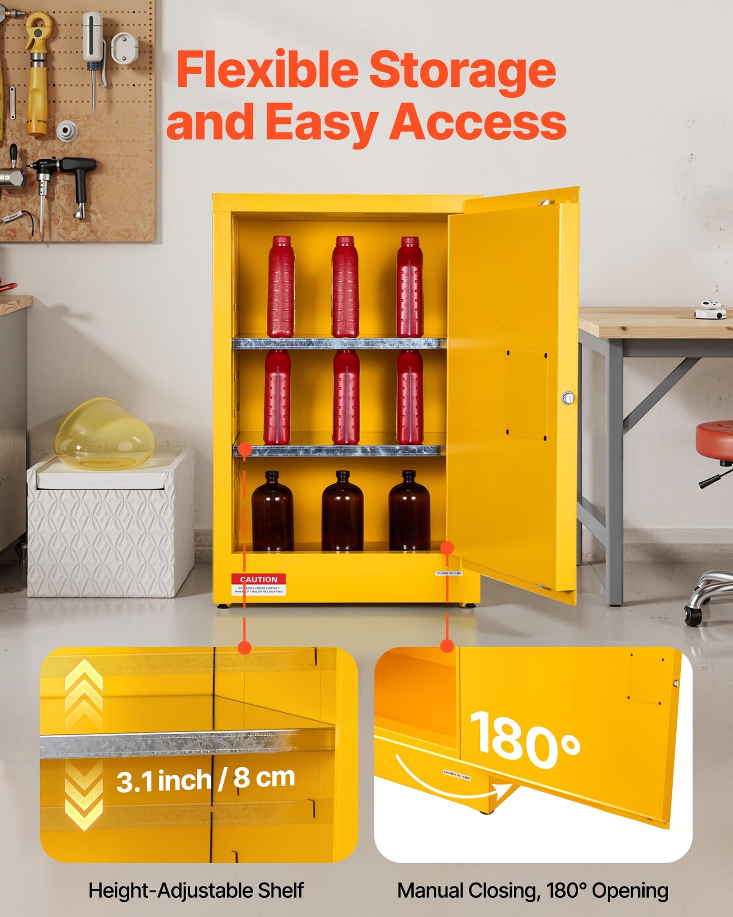 VEVOR Flammable Cabinet 18" x 24" x 65", 13 Gallon Flammable Storage Cabinet with Adjustable Shelf, Cold-Rolled and Galvanized Steel Fire Cabinets, for Commercial Industrial Home Use, Yellow